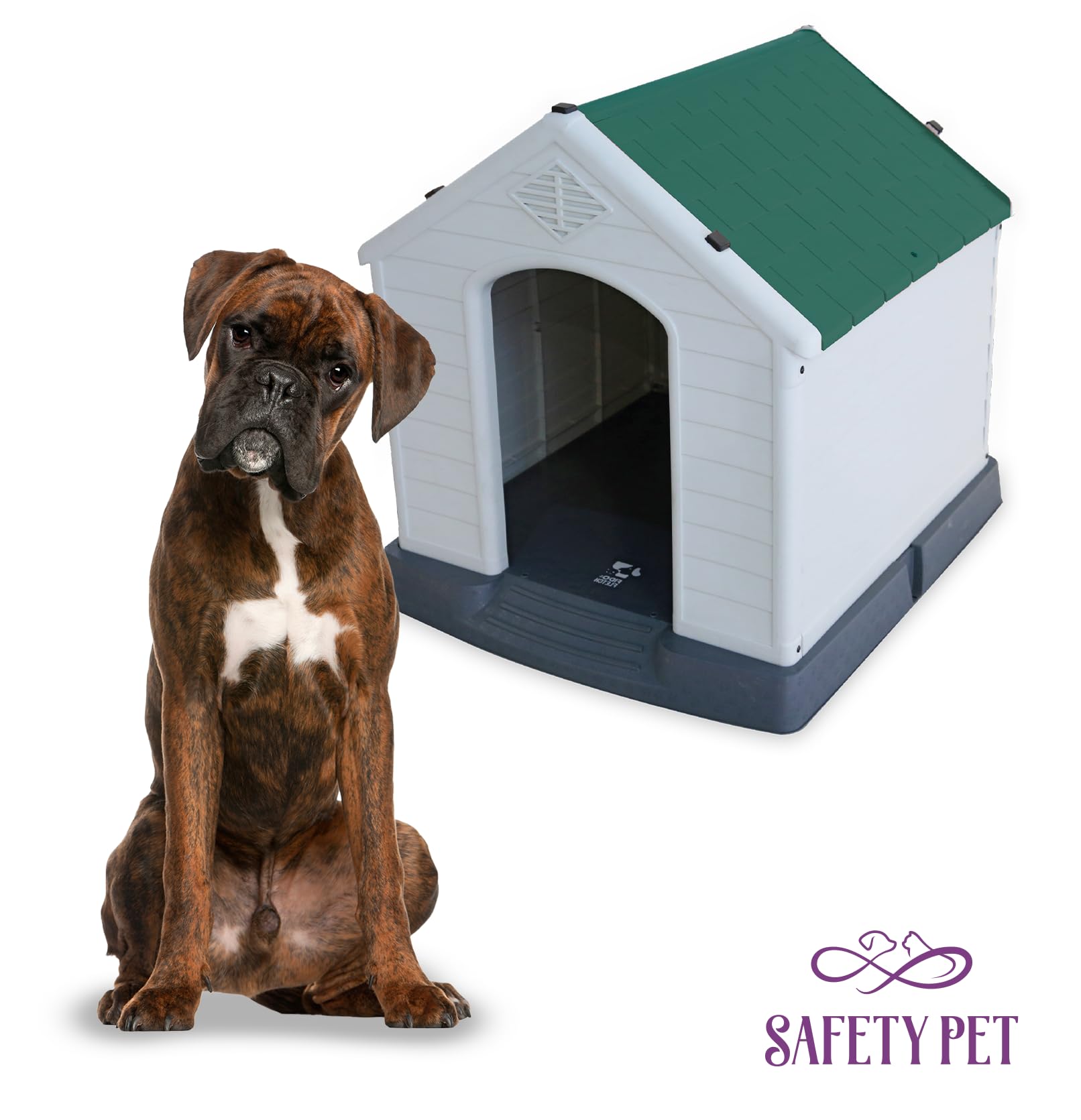 Cuccia per Cani Bungalow, Bianca e Verde, Materiali di alta Qualità, per interno ed esterno misura 87,7x78,5x81,5cm