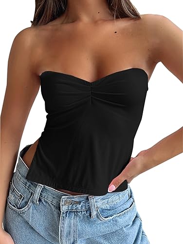 Y2K - Blusa corta plisada sin tirantes para mujer, sin tirantes, sin mangas, con abertura para salir