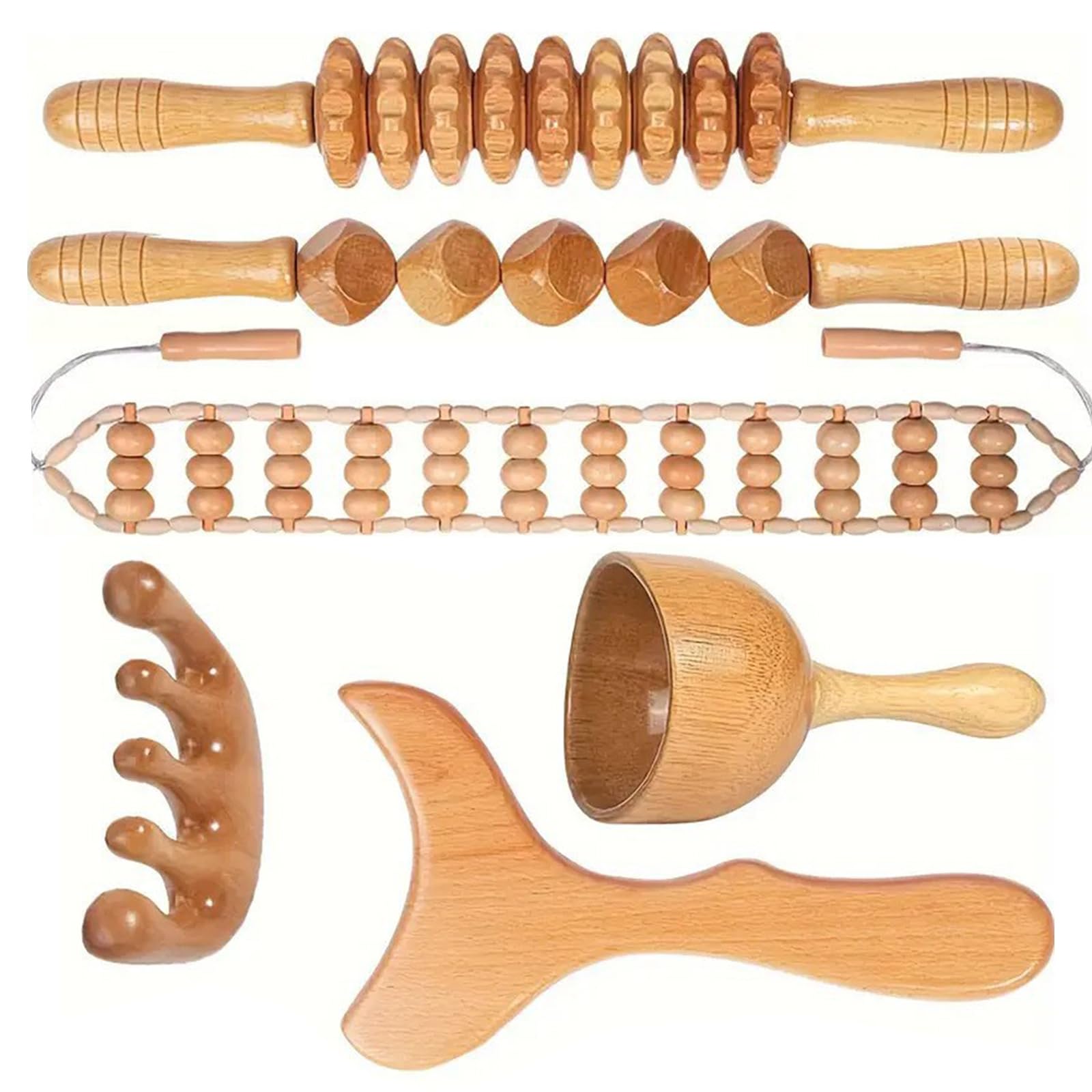 Kit de massage en bois 6 en 1 pour drainage lymphatique et modelage du corps, kit professionnel de madérotérapie, avec rouleau de fascia, planche Gua Sha et corde de massage pour un traitement