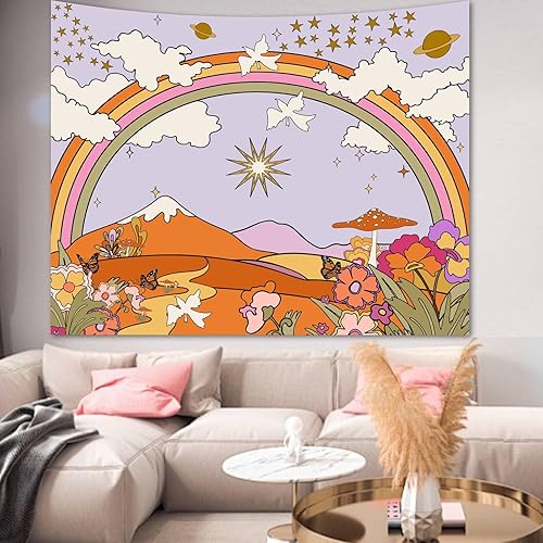 Miniatura 2 de Apdidl Tapiz de pared hippie Groovy para dormitorio, bohemio, pequeño, naranja, Y2K, años 70, retro, lindo, tapices de decoración de habitación para
