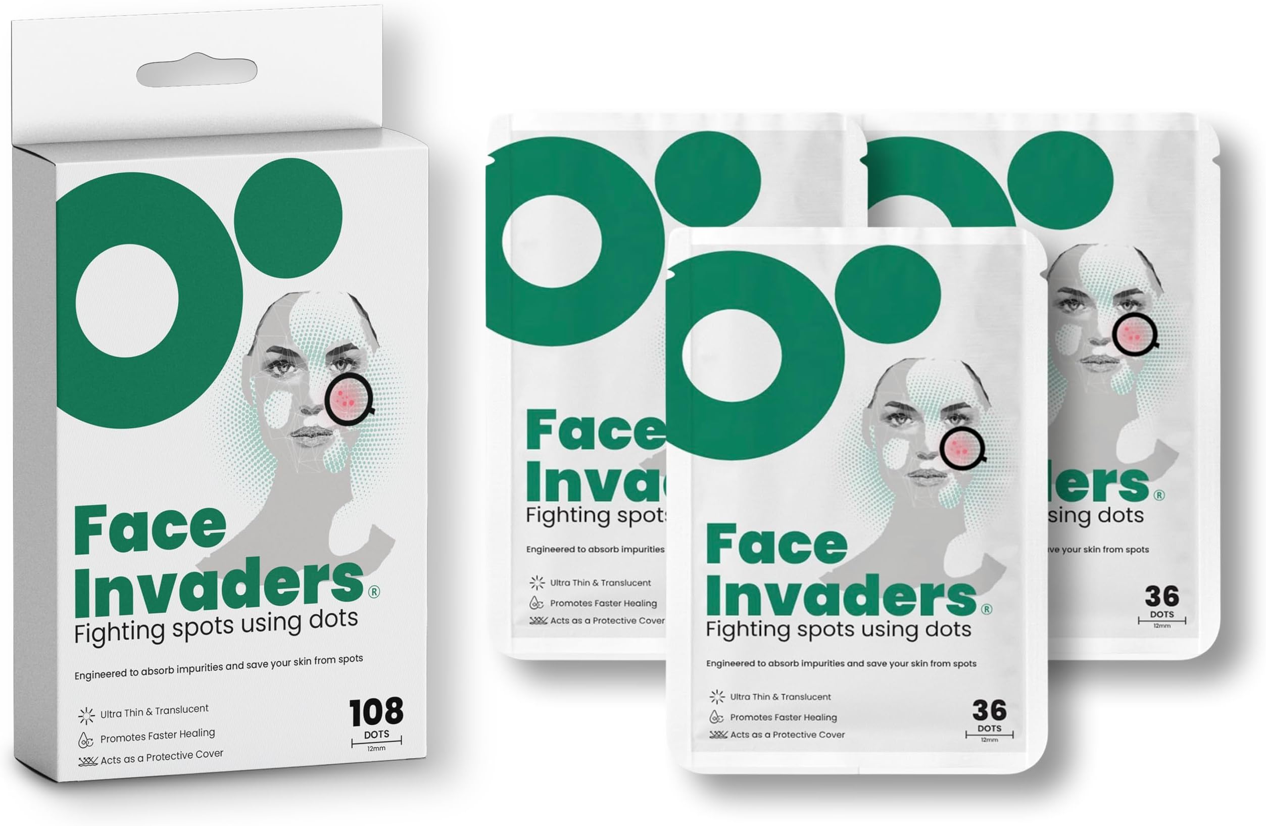 Face Invaders Acne Patches | Pack of 108 Translucent Hydrocolloid Pimple Patch Spot Treatment Stickers for Face and Body | Fast-Acting, Vegan & Cruelty Free Skin Care