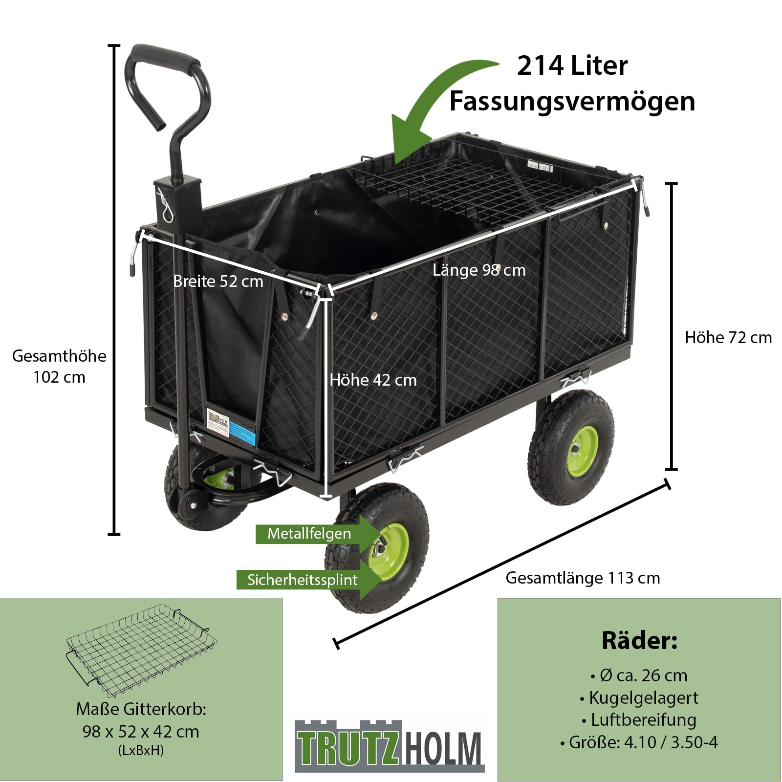 TRUTZHOLM Bollerwagen herausnehmbare Plane bis 550kg belastbar Handwagen Gitterwagen Gartenwagen Transportwagen | mit Rasentraktorkupplung an der Deichsel oder Handgriff gepolstert