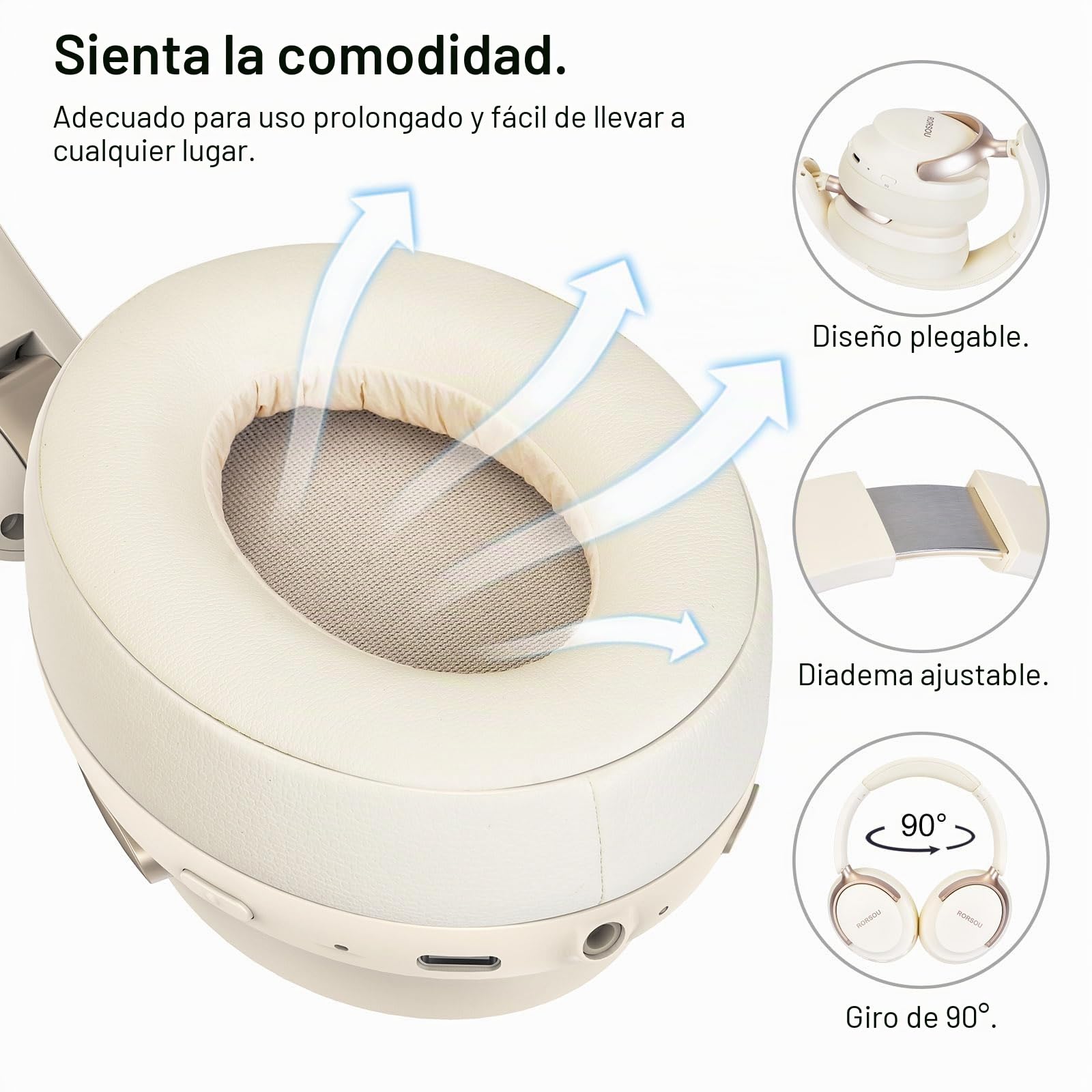 Auriculares Bluetooth RORSOU B8 de diadema, 6 modos de música EQ y 50 horas de reproducción, auriculares inalámbricos con micrófono y graves profundos, auriculares estéreo HiFi ligeros plegables Beige