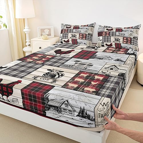 Miniatura 6 de Juego de sábanas rústicas de animales de granja retro, a cuadros, estilo granja, cabaña, tamaño Queen, diseño de oveja, pollo y vaca, sábana bajera