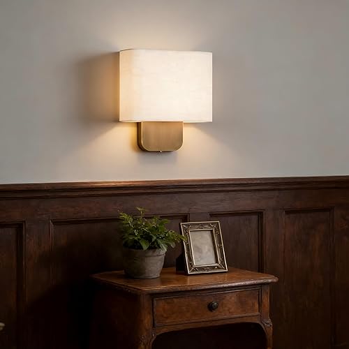 Miniatura 4 de Aplique de pared cuadrado de lino, acabado de latón antiguo, moderna lámpara cilíndrica con cable para dormitorio, tocador de baño, sala de estar,