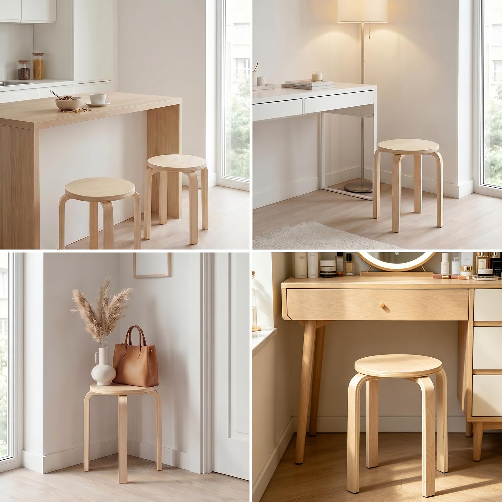 Ensemble de 4 Tabourets Empilables, Chaise de Cuisine et Salle à Manger, Tabourets Ronds sans Dossier pour Chambre à Coucher, Salon, entrée, 35x32x32cm, Naturel