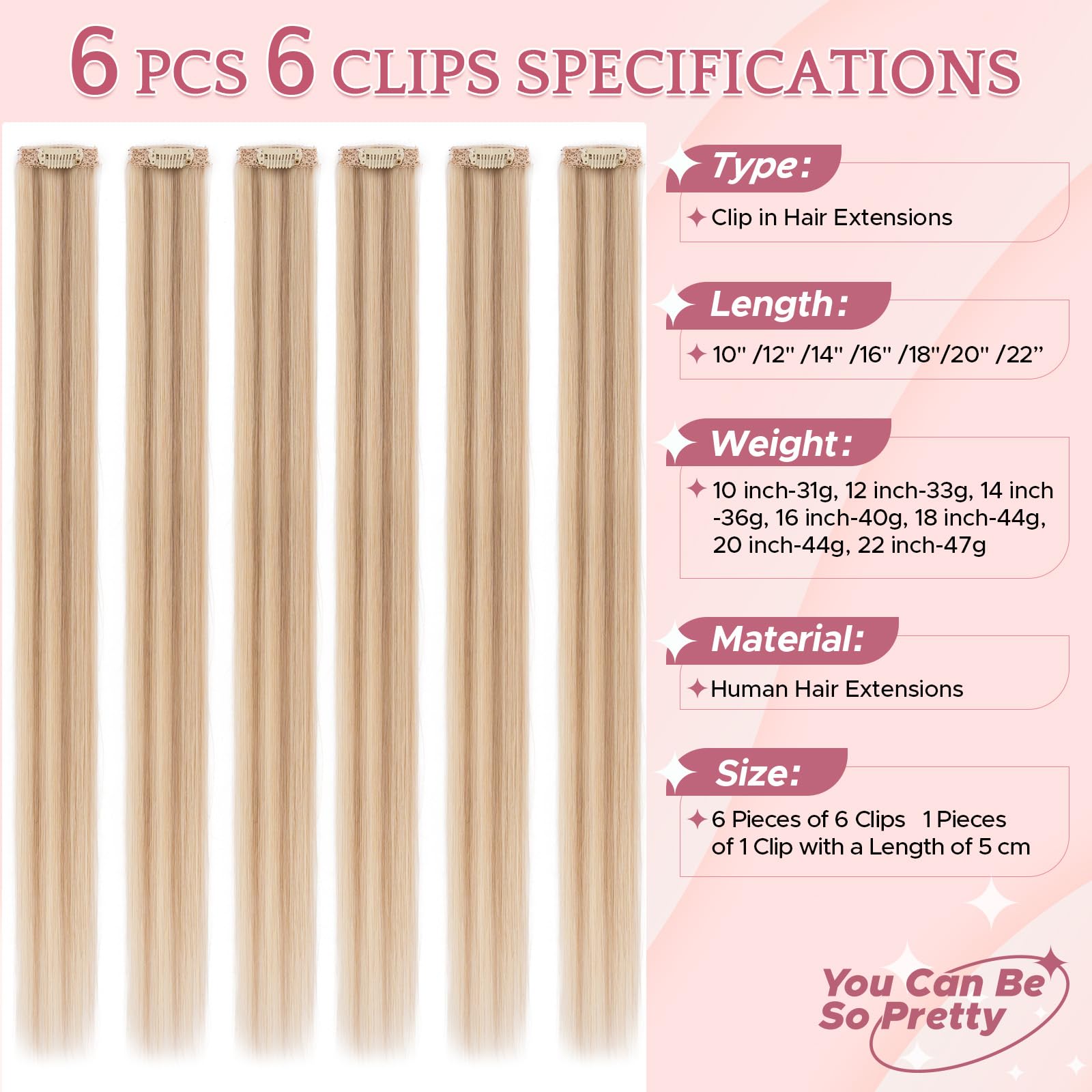 SEGOHAIR Clip in Hair Extensions Real Human Hair 6Pcs Golden Brown mix Bleach Blonde Highlights Double Weft Hairpieces Straight Hair Extensions Clip in Seamless 14inch 36g - Image 2