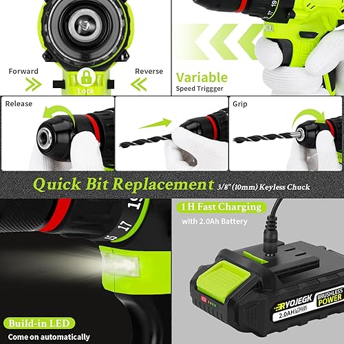 Miniatura 6 de Juego de herramientas para el hogar con taladro sin escobillas, caja de herramientas de taladro inalámbrica de 20 V 119 piezas con batería, kit de