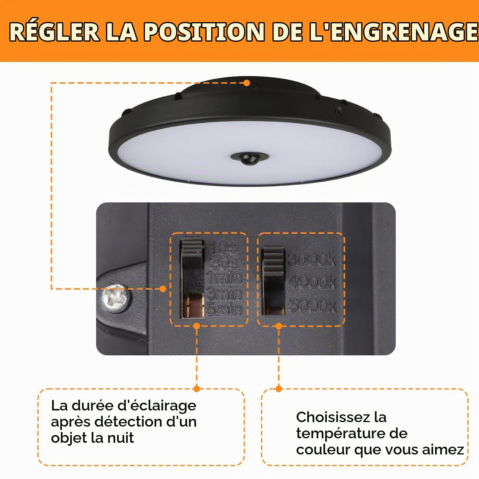 15W plafonnier exterieur avec detecteur de mouvement & Capteur Crépusculaire, Ø30CM, CRI>80, Réglable 3000K-5000K, IP65 Salle Bain, Test Salinité 168h, Résistance UV ΔE <1,5