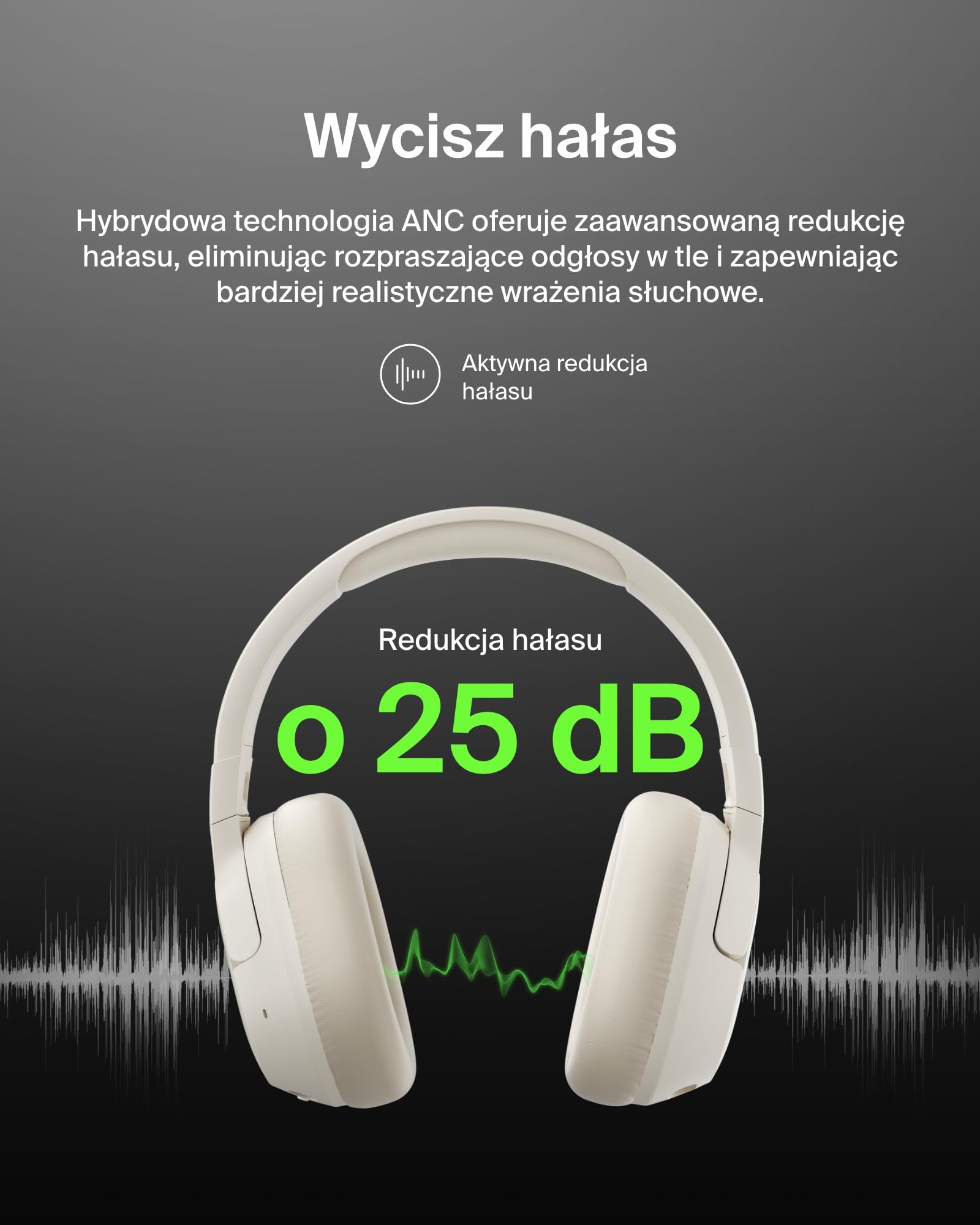 Belkin SoundForm Isolate Słuchawki Bezprzewodowe z Redukcją Hałasu, hybrydowe słuchawki Bluetooth, czas odtwarzania 60 godz., głębokie basy, nauszniki CloudCushion, do podróży, domu, biura – piaskowe