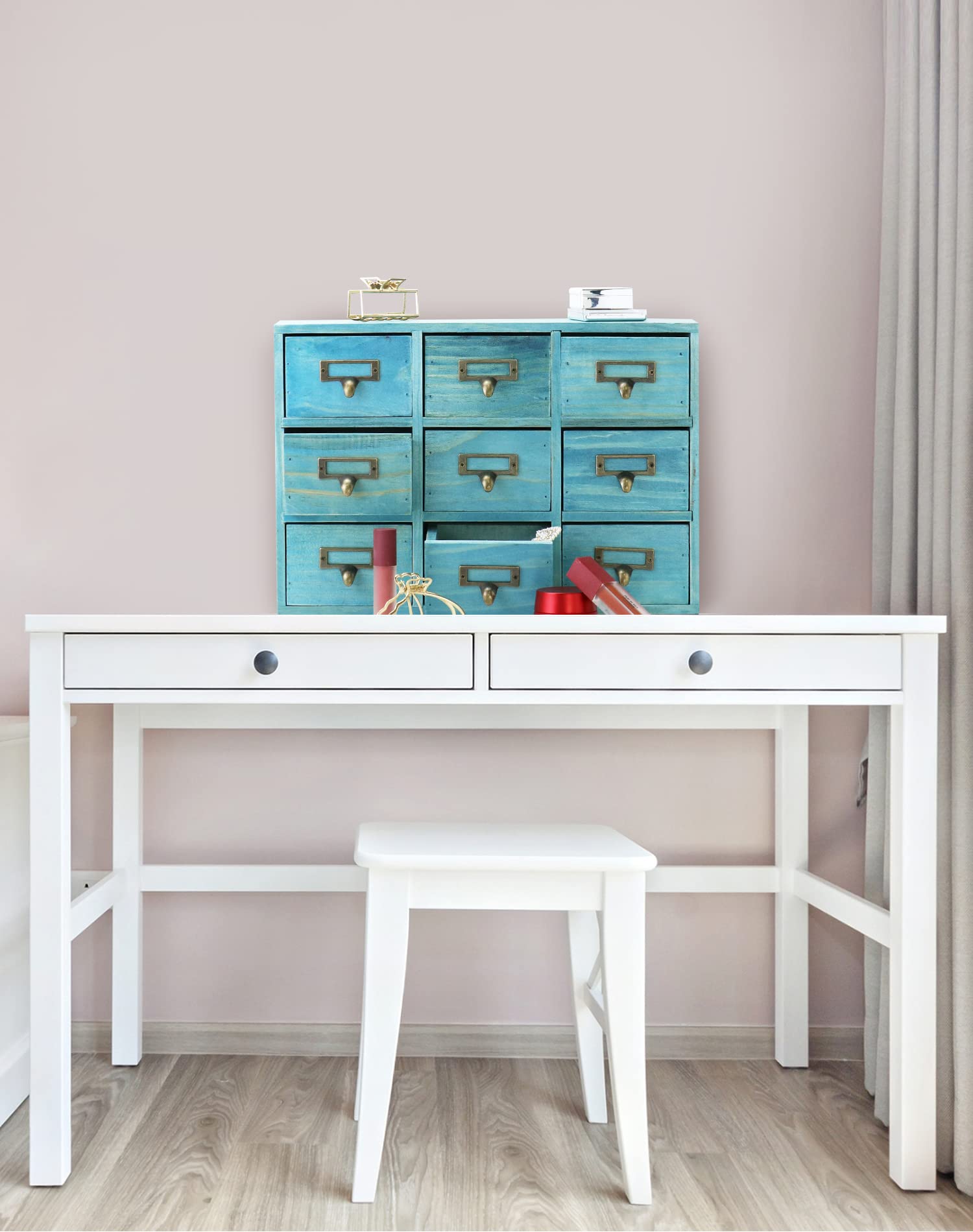 Organizador de cajones de escritorio, gabinete de boticario vintage de madera con 9 cajones, oficina en casa y té y tocador, organización y almacenamiento de dormitorio, gabinete de boticario 4