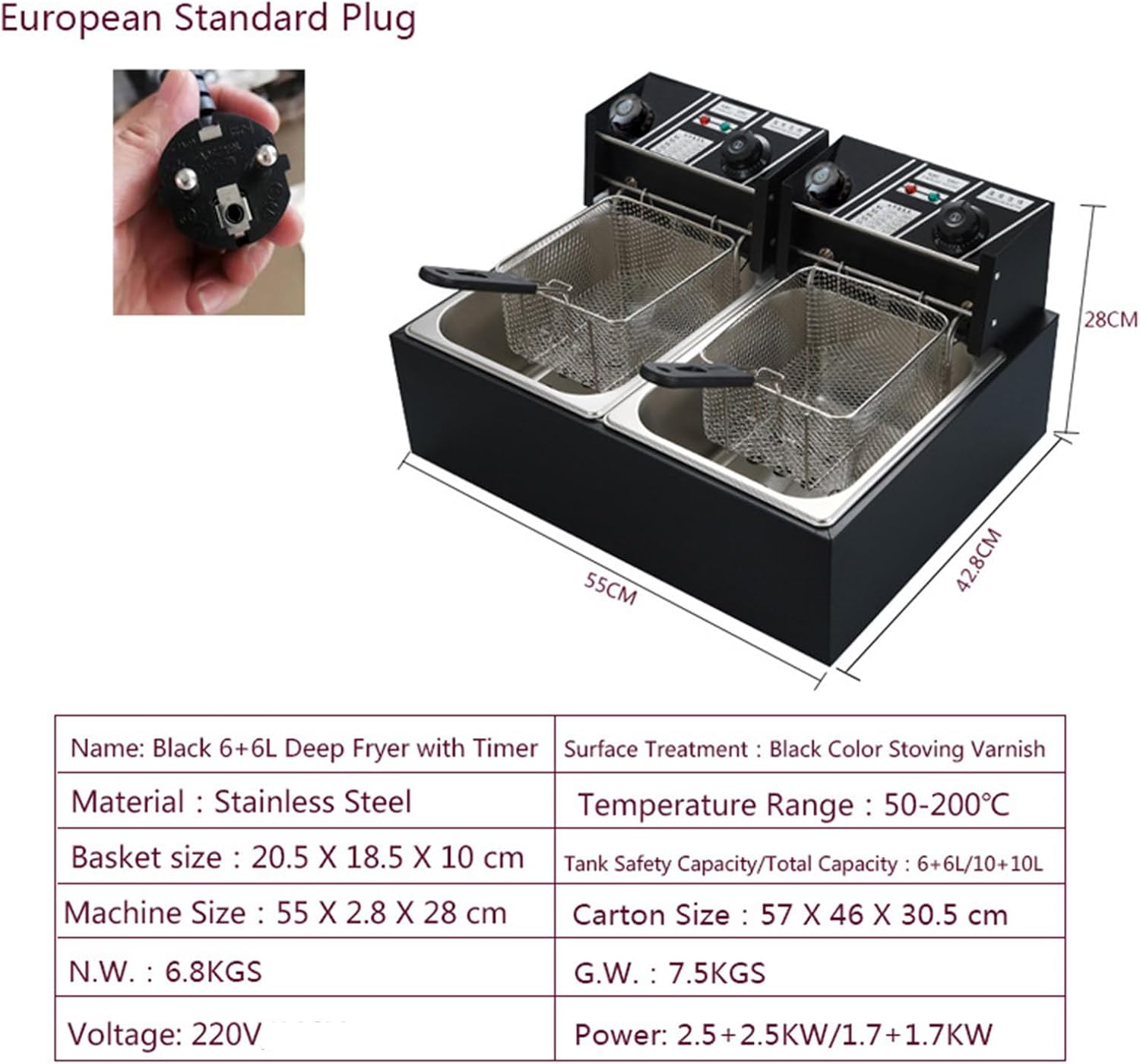 Commercial Fryer Stainless Steel Electric Fryer Double Tank 6L*2 Oil Volume 2500Wx2 Can Be Timed 220V,Black