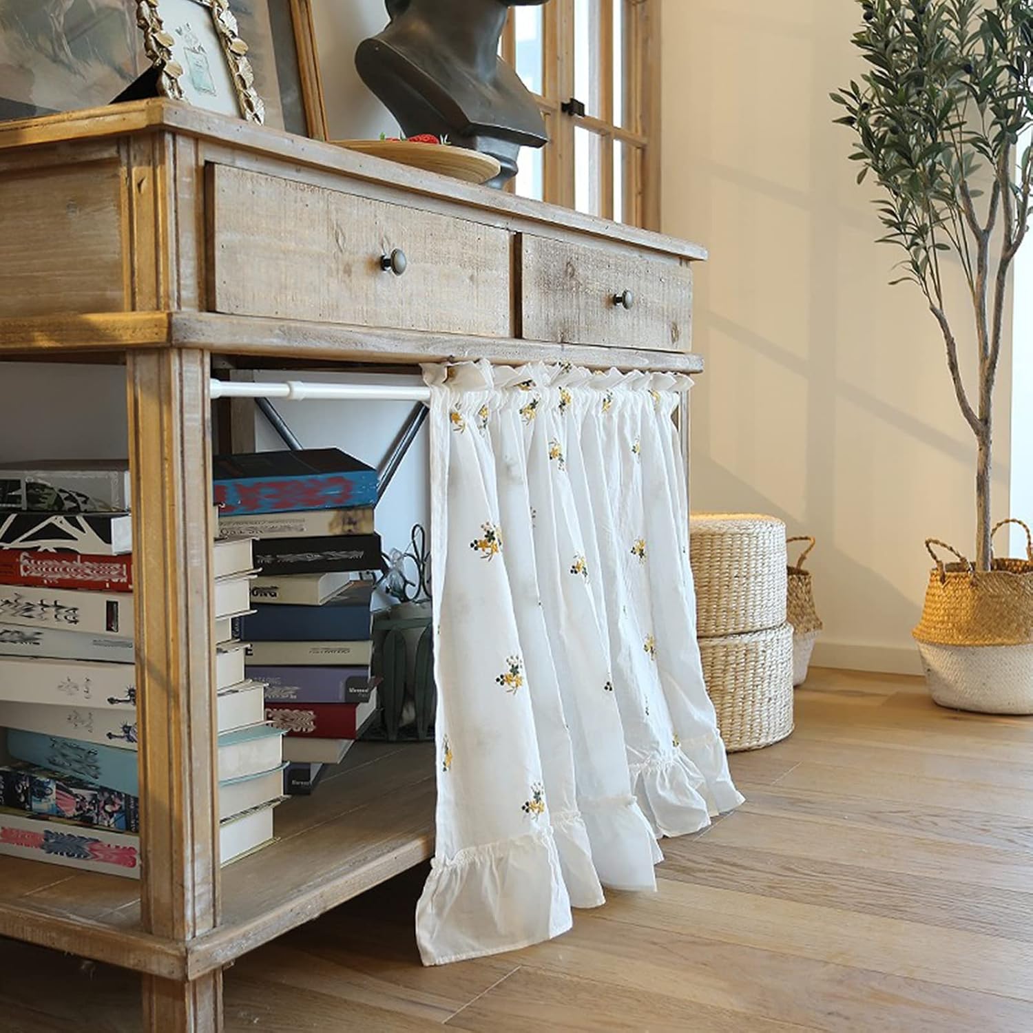 White Short Kitchen Curtain Floral Embroidered Tier Curtains, Cabinets dust curtain, Cafe Bathroom Small windows Blackout Curtain Valance Wide Ruffle, Rod Pocket ( Size : W135xH80/53x31.5in )