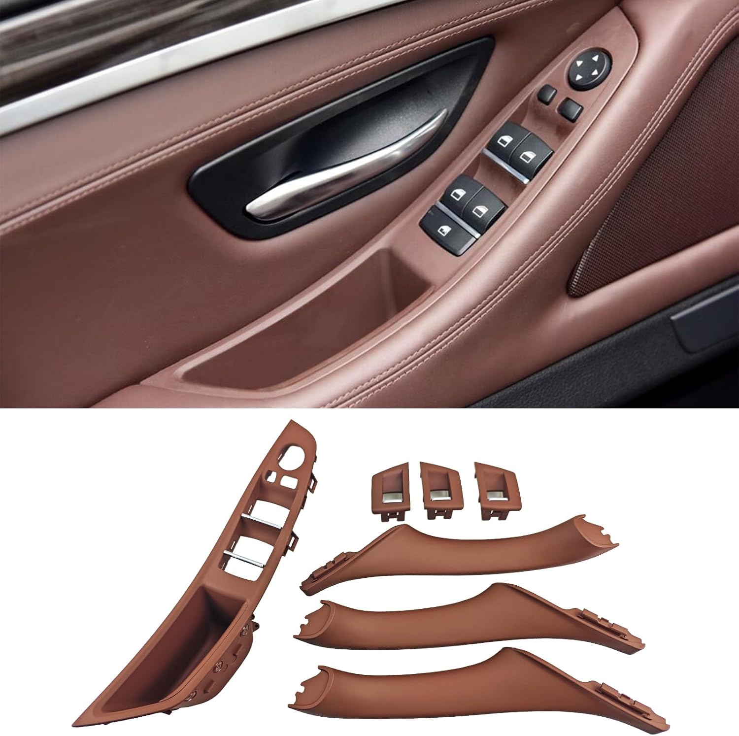 Car Door Handle Compatible with BMW 5 Series F10 F11 2011-2016 Inner Door Pull Handle Interior Door Handles Replacement Cover, 520i 528i 530i 535d 535i 550i (Reddish Brown)
