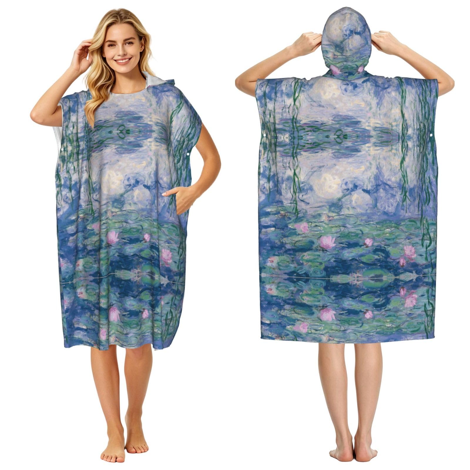 EZDLOWVBA Lotus Oil Painting Print Hooded Poncho Microfiber Beach Towel,Adult Women & Men Changing Robe,Lightweight Summer Surf Swim Bath Poncho Towel