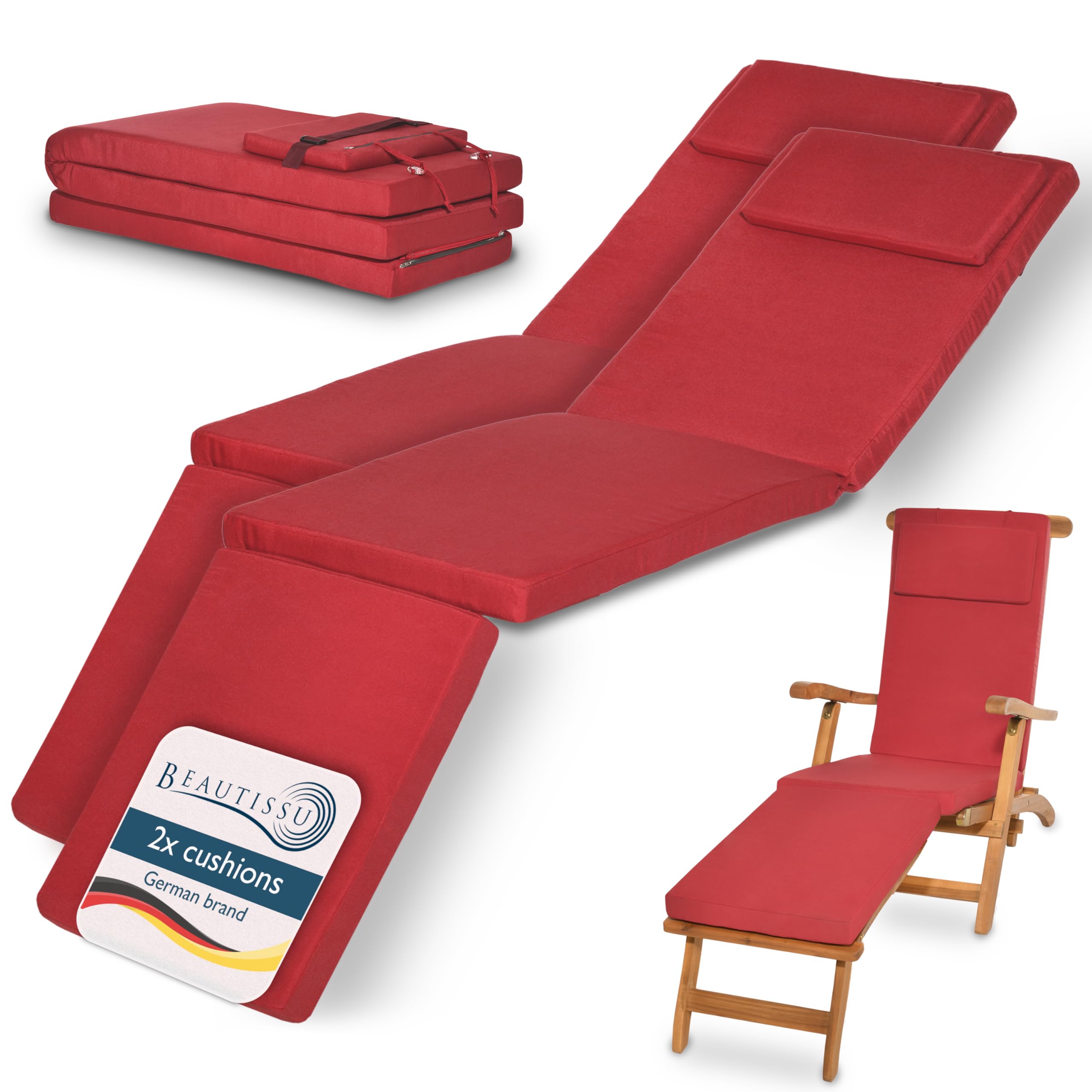 Beautissu Lot de 2 Coussins Bain de Soleil Matelas avec Housse Amovible | 175x45x5cm rouge coussin chaise longue exterieur Transat luxe jardin LoftLux DC