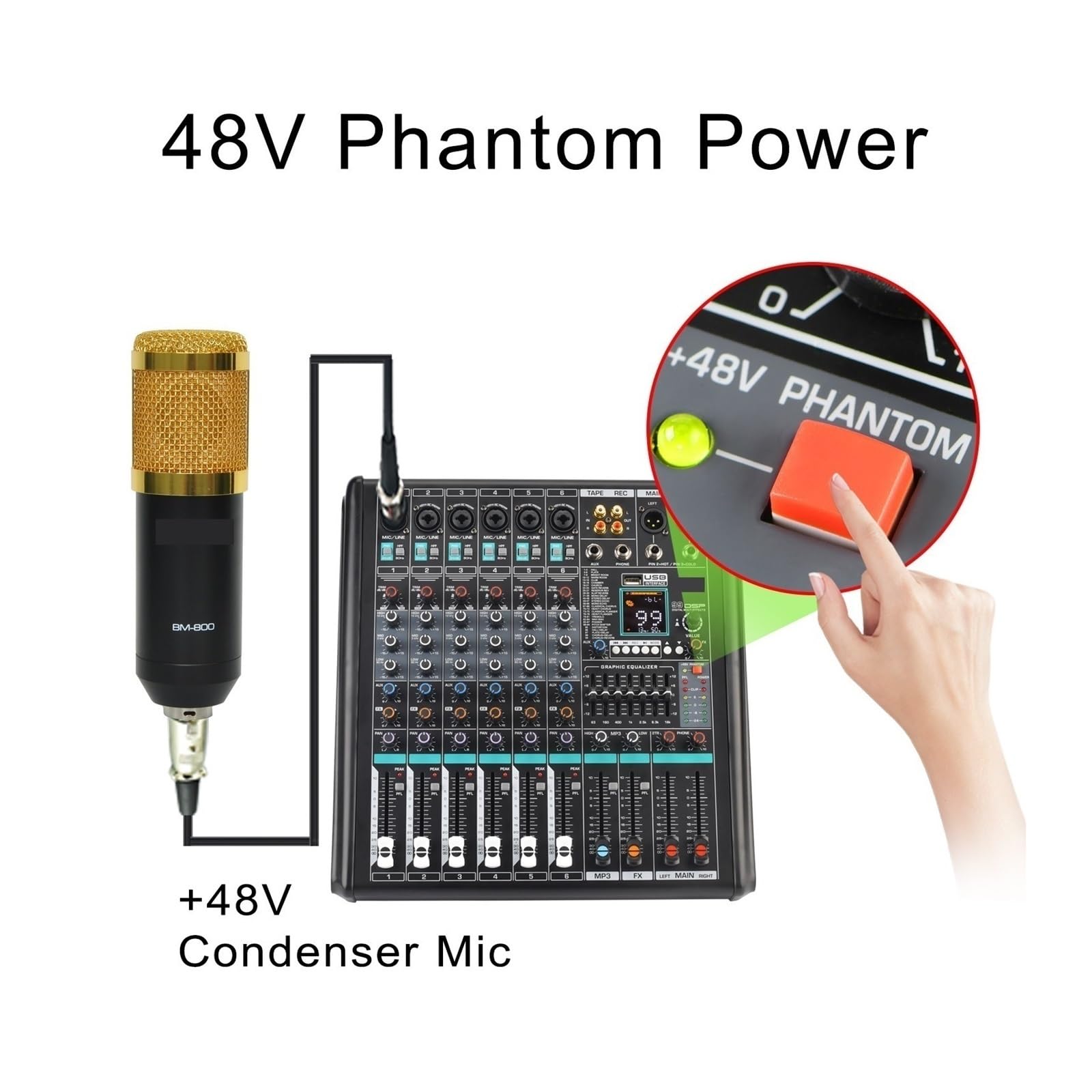 Audiomixer, 6 Mono-Kanal-Mischpult-Monitor Low Cut 99 DSP-Effekt-PAD Audio-Sound-Mixer 7-Band-EQ USB-Aufnahme für Studio-Karaoke