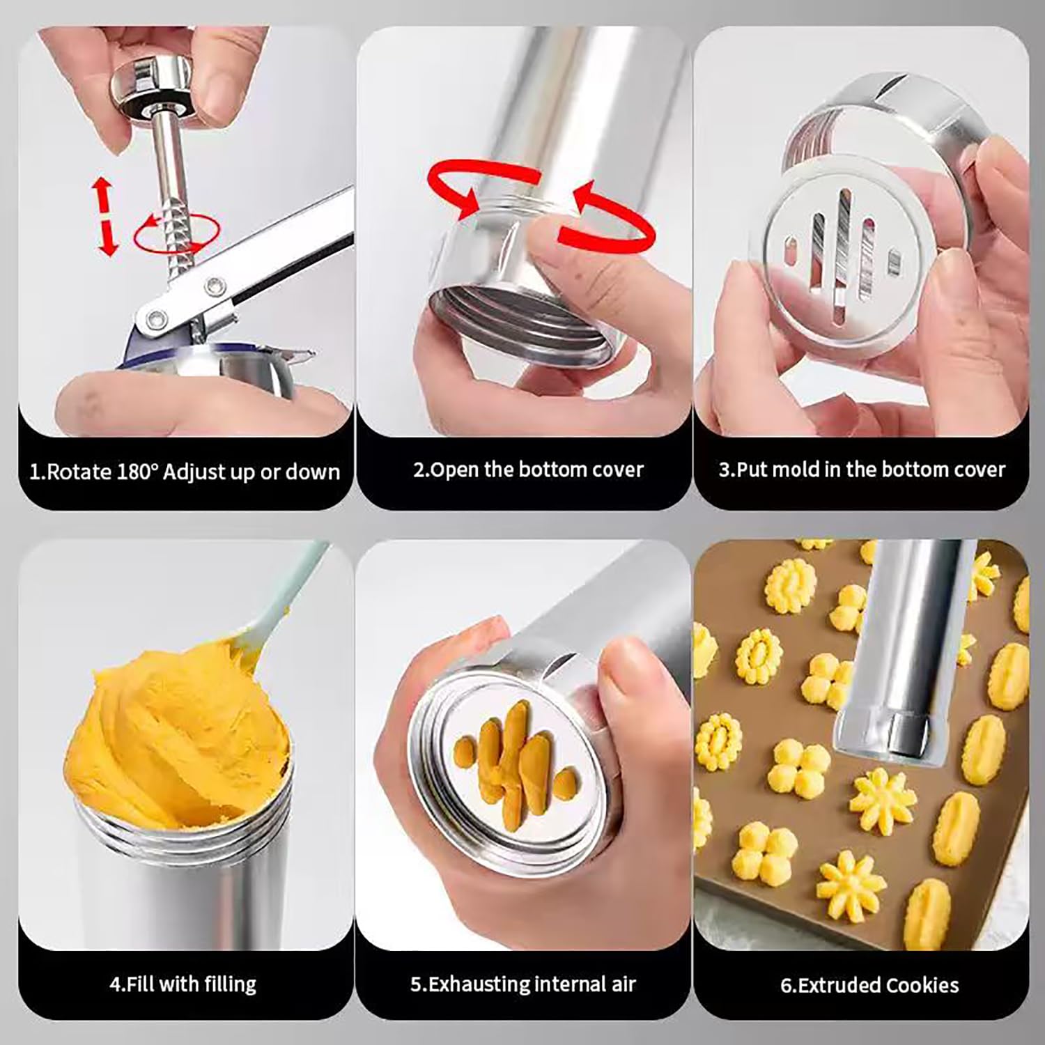 Pistola de prensa de galletas de acero inoxidable con 20 moldes y 4 boquillas para hornear y decorar postres
