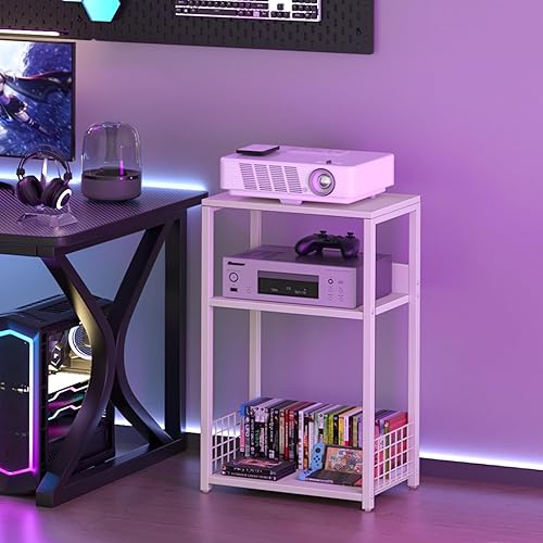 Miniatura 6 de LELELINKY Mesa auxiliar blanca, soporte de impresora pequeño con estante de almacenamiento, mesitas de noche industriales de 3 niveles, soporte para