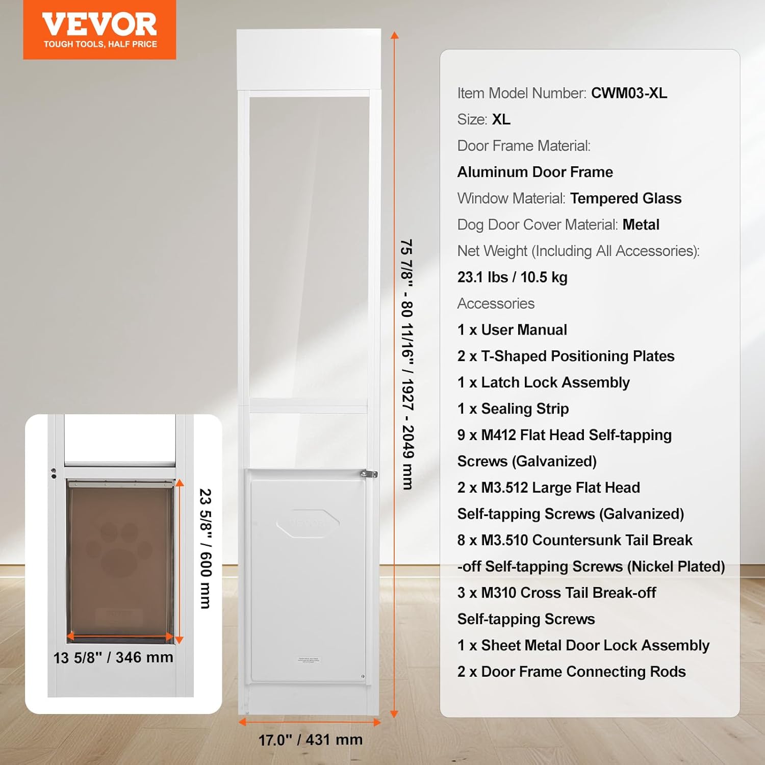 VEVOR Dog Door for Sliding Glass Door, 75 7/8"-80 11/16" Adjustable Height Doggy Door for Sliding Doors, Aluminum Frame Tempered Glass Pet Door with Hinge Structure Flap and Lock (X-Large)