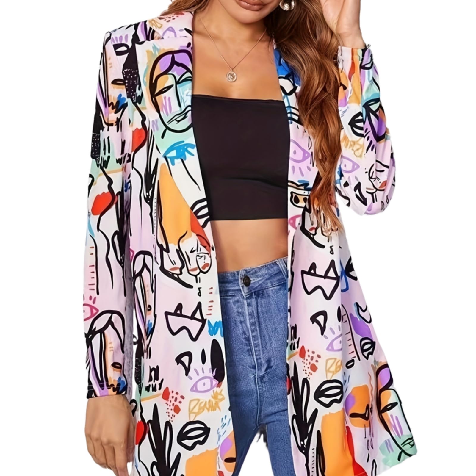 Womens Long-Sleeve Blazer - Printed Graffiti Design for Business Casual - Professional Clothes for Women 2025