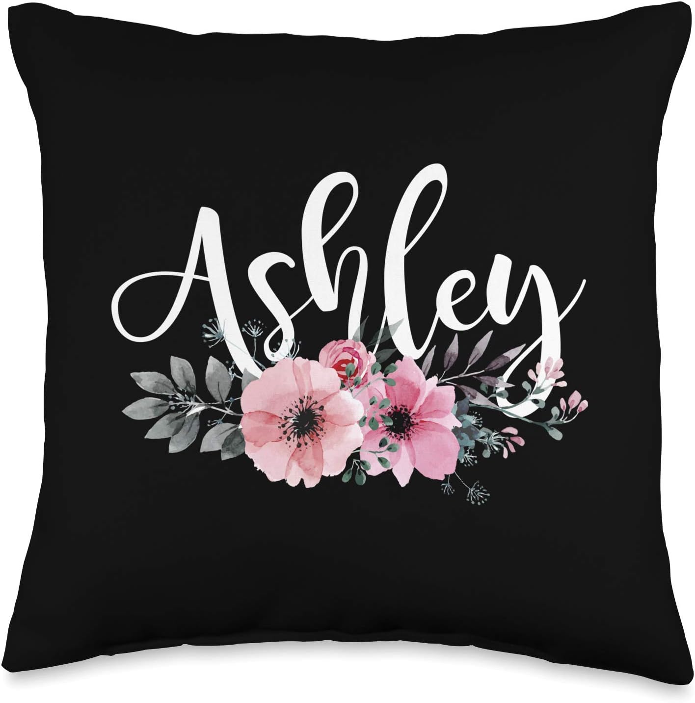 Ashley Name Personalized Floral Pink Black Women Girls Gift Throw Pillow