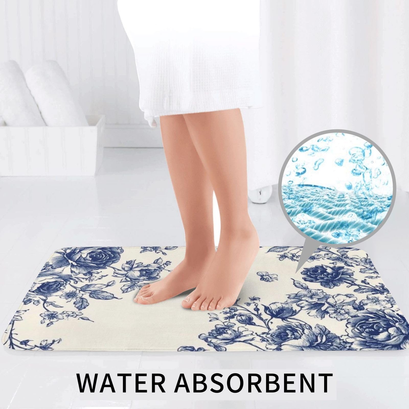 Lot de 3 tapis de bain en mousse à mémoire de forme, doux et absorbants, motif fleurs bleues dans le style chinois, tapis de toilette en forme de U, décoration d'intérieur, séchage rapide