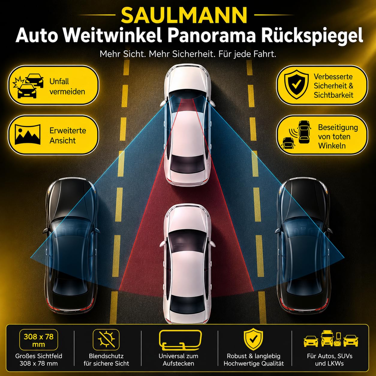 SAULMANN Rétroviseur panoramique pour voiture - Grand angle - 308 x 78 mm - Universel à clipser - Protection contre l'éblouissement - Bonne solution pour les angles morts - Pour voitures, SUV, camions