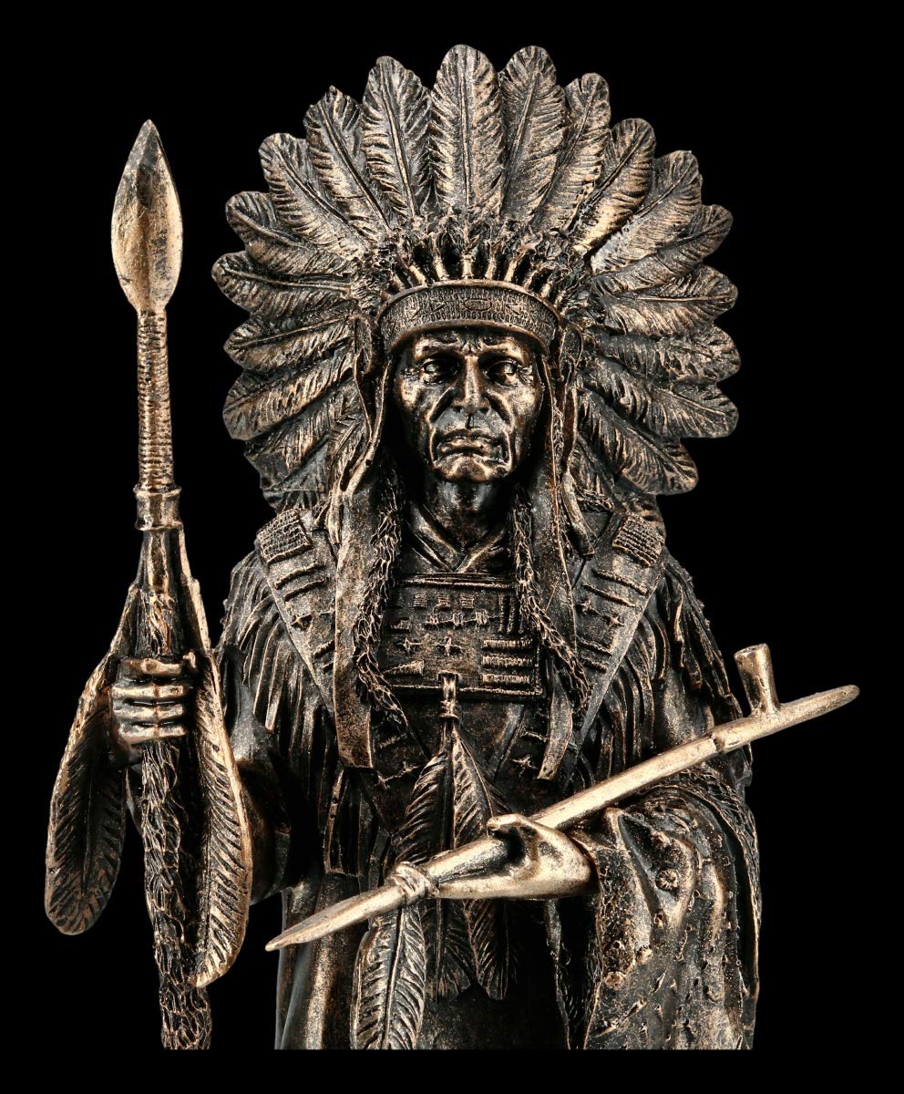 Figuren Shop - Chef Indien en Bronze - Figurine de Décoration, Décoration Western, Sculpture, Statue, Aspect Bronze, H 33 cm, Marron
