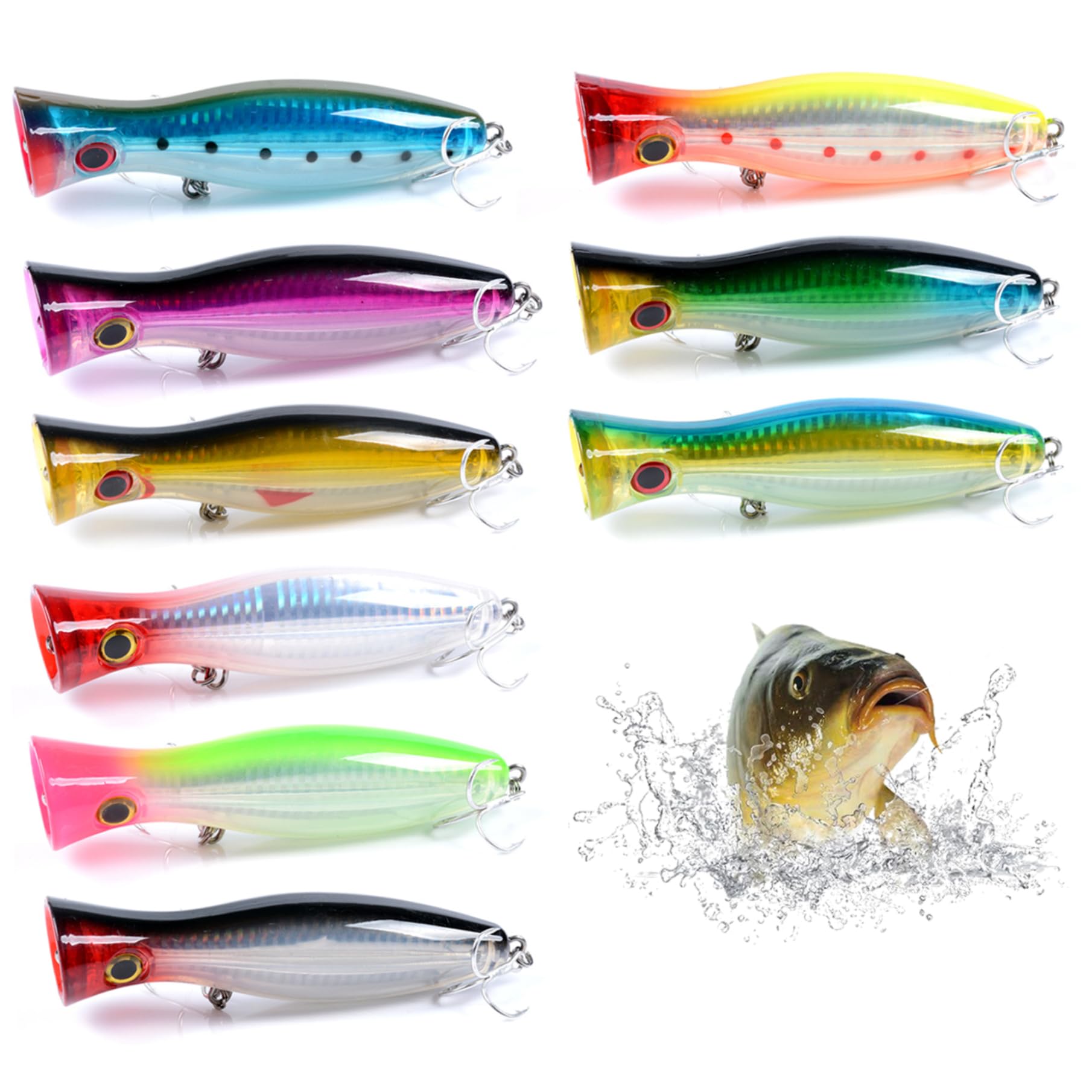 Leurres de pêche 9 pièces, Yeux 3D réalistes, appâts de pêche Popper avec hameçons triples, appâts Natation en Eau Douce et salée pour Thon, Bar, Requin