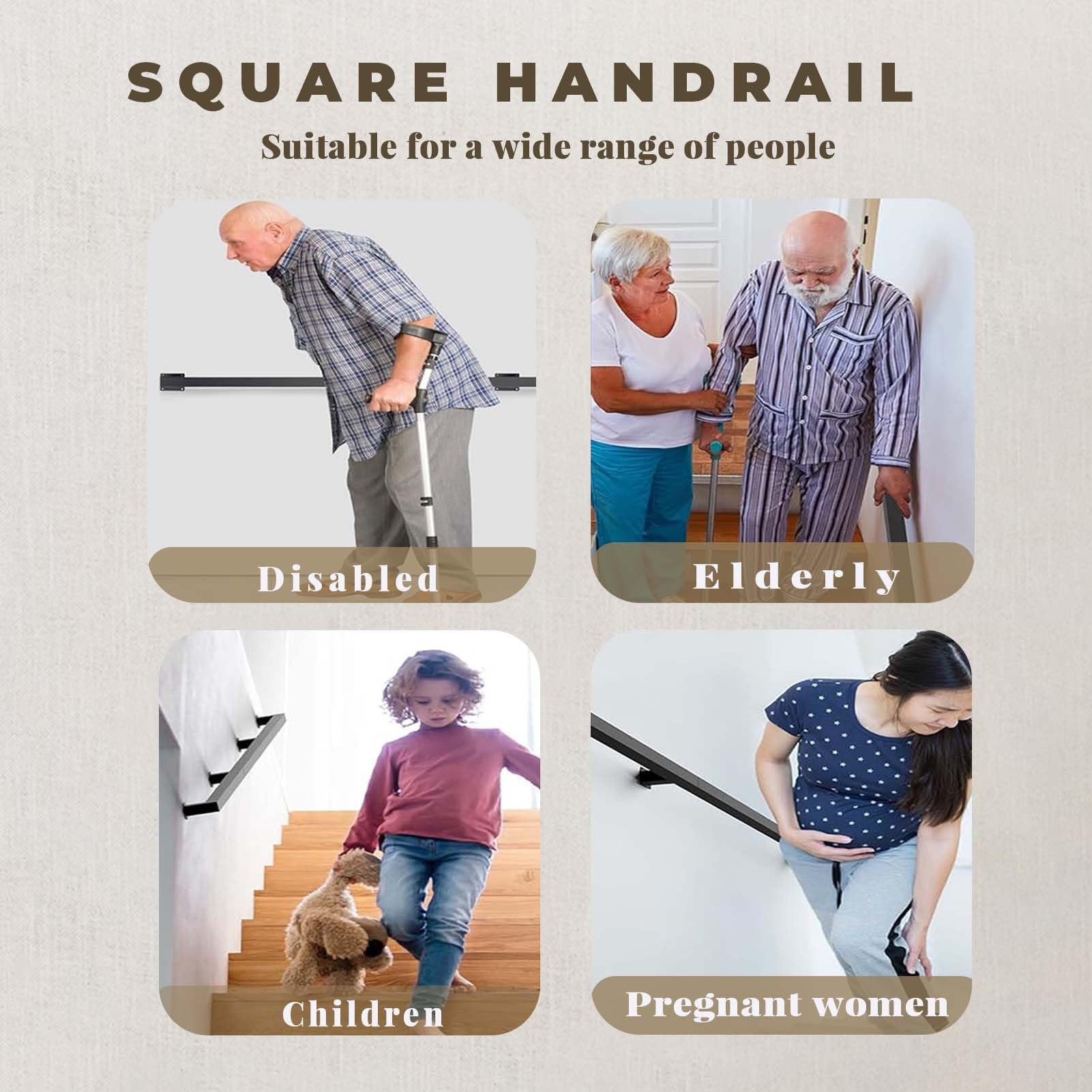 Treppenhandlauf für Wände, Schwarzes quadratisches Treppengeländer aus Metallschmiedeeisen, Sicherheitshandlauf mit Wandhalterungen und Metallschrauben, für drinnen und draußen(250cm)