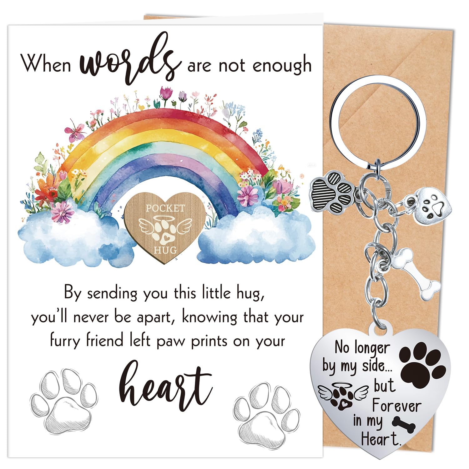 Luvart Pet Memorial Bereavement Gifts - 3Pcs Pet Cat Dog Loss Gifts, Pet Bereavement Card with Envelope, Wooden Heart Pocket Hug Keyring, Pet Loss Sympathy Condolence Remembrance Gift Keepsake