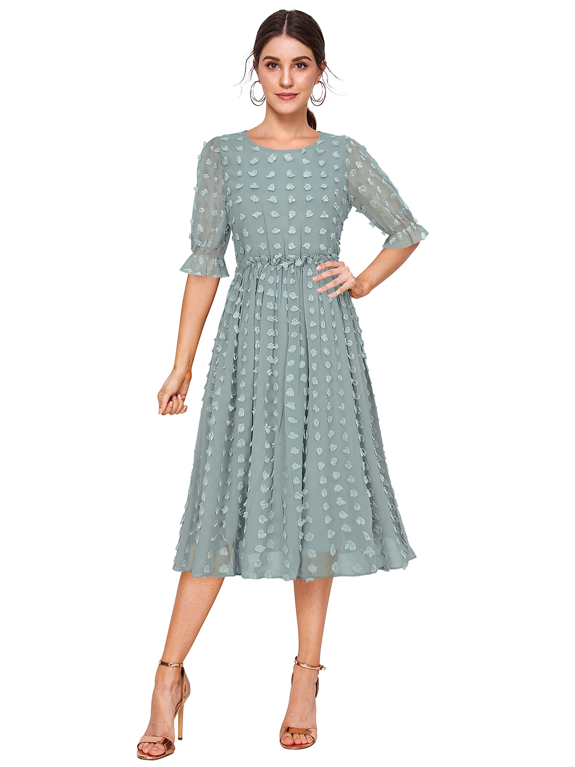 Toochki Women's Sea Green Dobby Georgette Woven Fit & Flared Western Dress | Dress For Women | A Line Dress | Winter Dress | Western Dress | Latest Women Dress | Trendy Dress | Midi Dress