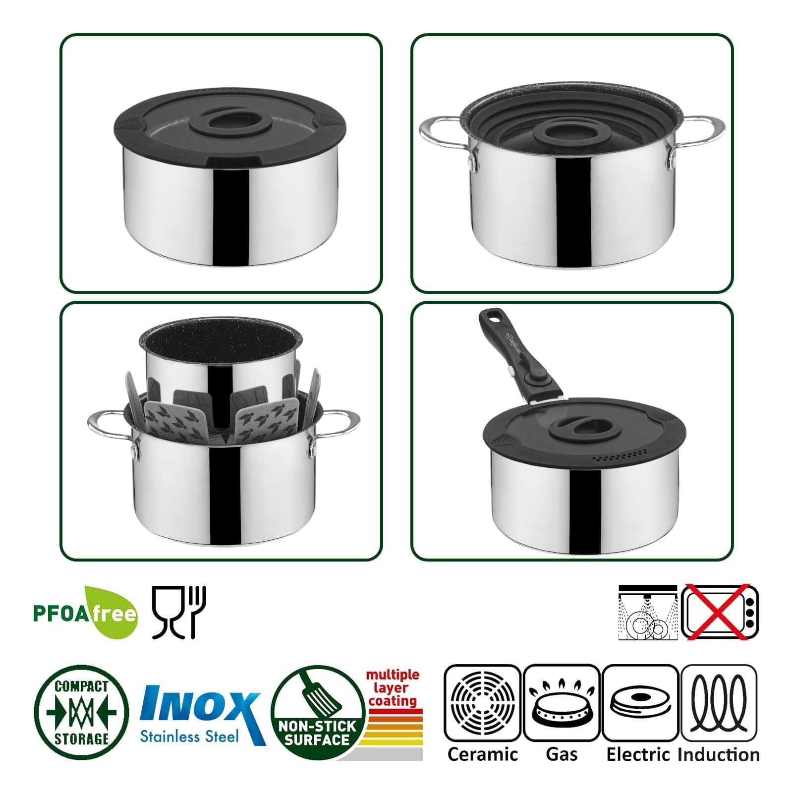 BRUNNER: Camping Topf-Set Edelstahl (Kochtöpfe, Bratpfanne & Griff) ø 22 cm - ACADEMY NG 7+1 Teilig - Elektro-Herd, Gaskocher, Induktion & Keramikkochfeld - Für 2-4 Personen