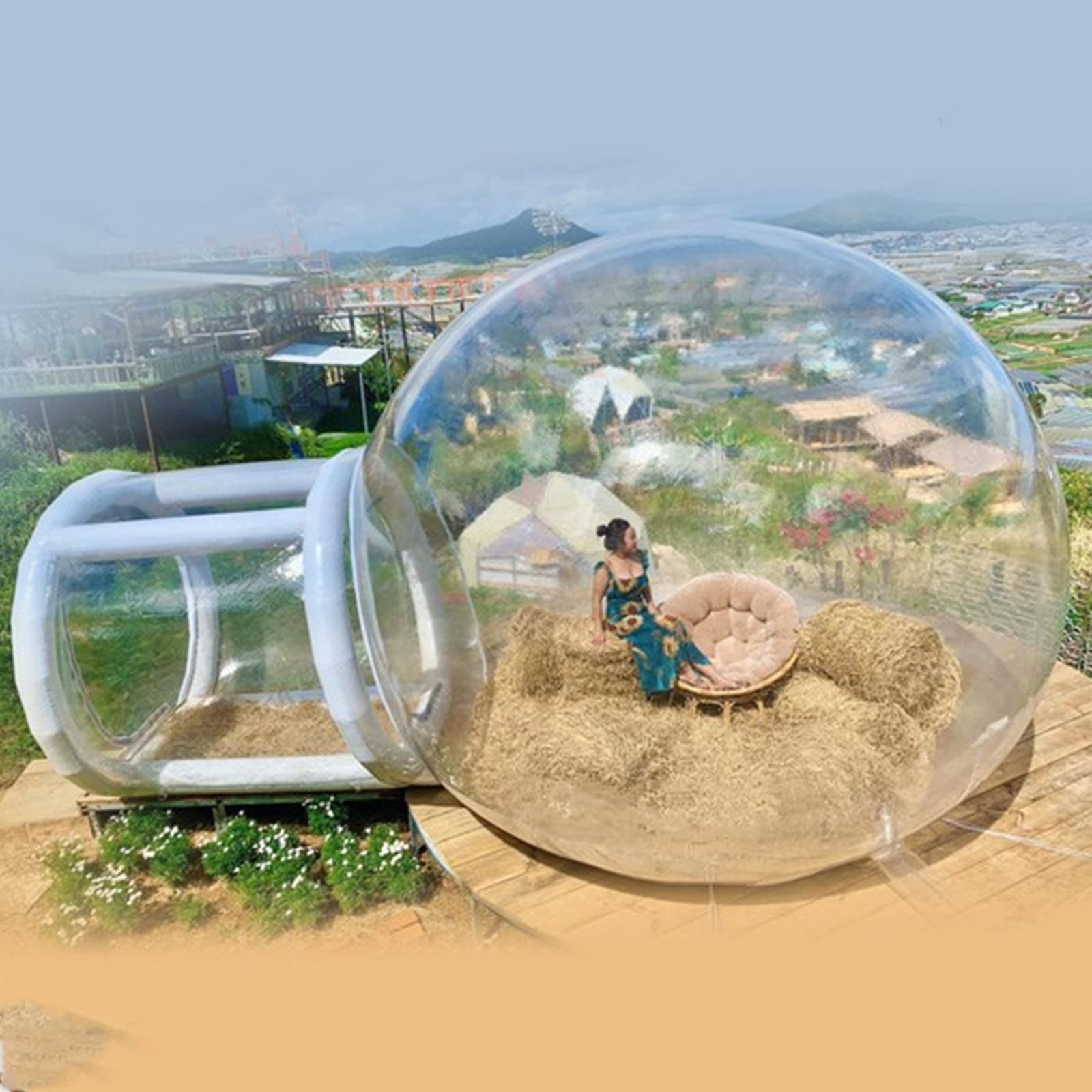 Outdoor PVC Inflatable Bubble Tent with Tunnel Clear Dome Tent for Camping Hotel, Star Empty Tent with Hair Dryer and Repair Kit Vision