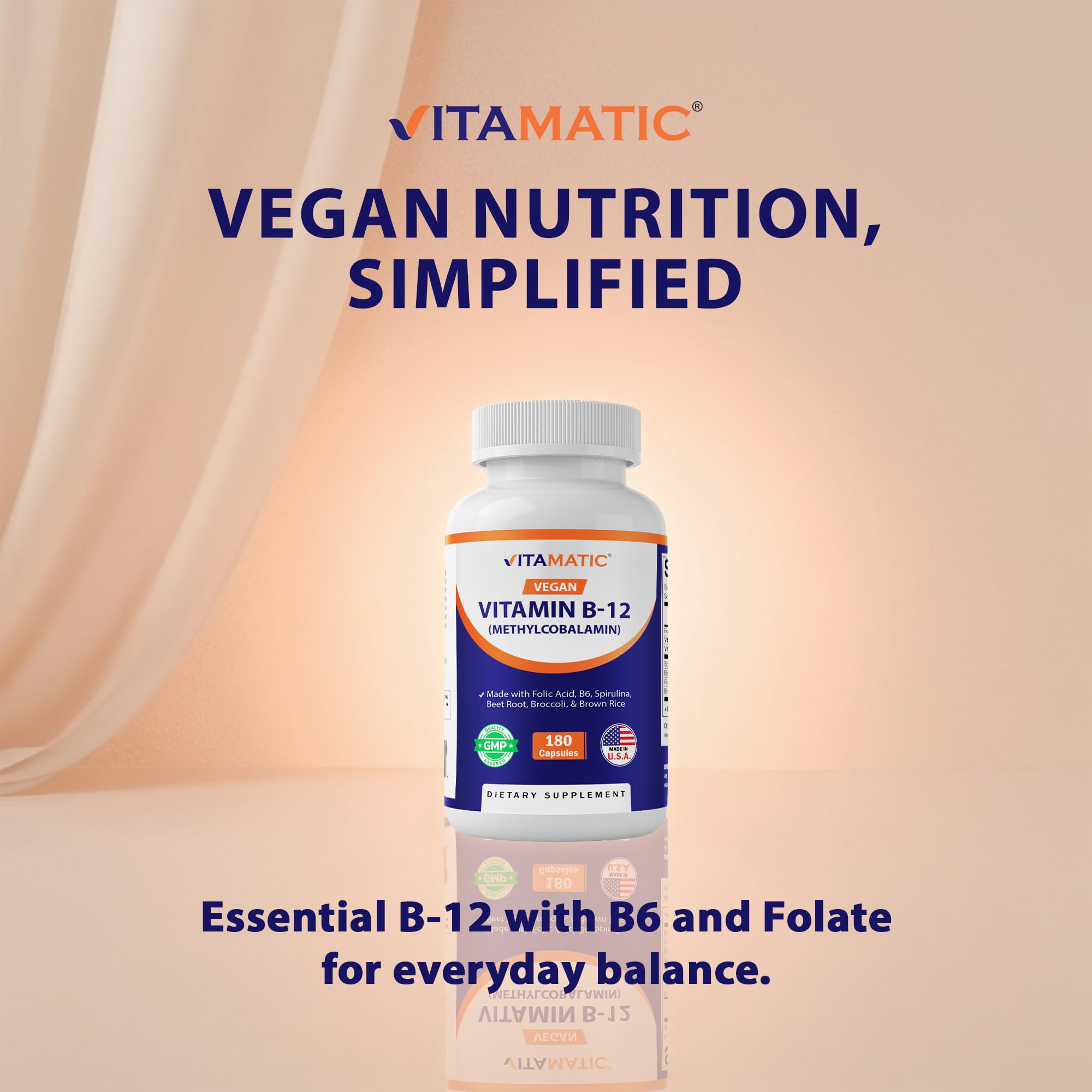 Vitamatic Vegan B12 1000 mcg - Methyl B12 with Folic Acid, Vitamin B6, Spirulina, Beet Root, Broccoli & Brown Rice - Supports Healthy Mood, Energy, Heart & Eye Health - 180 Capsules — Amazon image 4