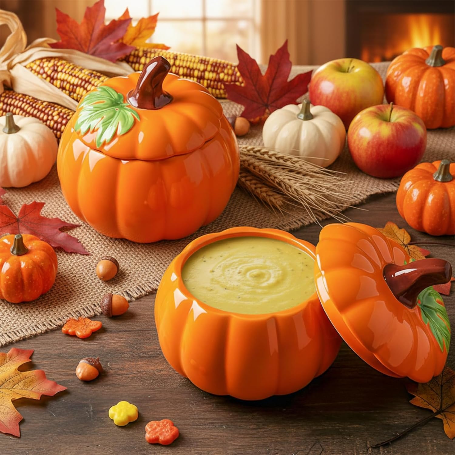 LemonRoad 2 Pack Pumpkin Soup Bowls with Lids 10 oz Fall Ceramic Soup Bowls for Thanksgiving Autumn Decorative Party Favor Baking Dish Autumn Harvest Orange Pumpkin Containers for Kitchen Table - Thumbnail 2