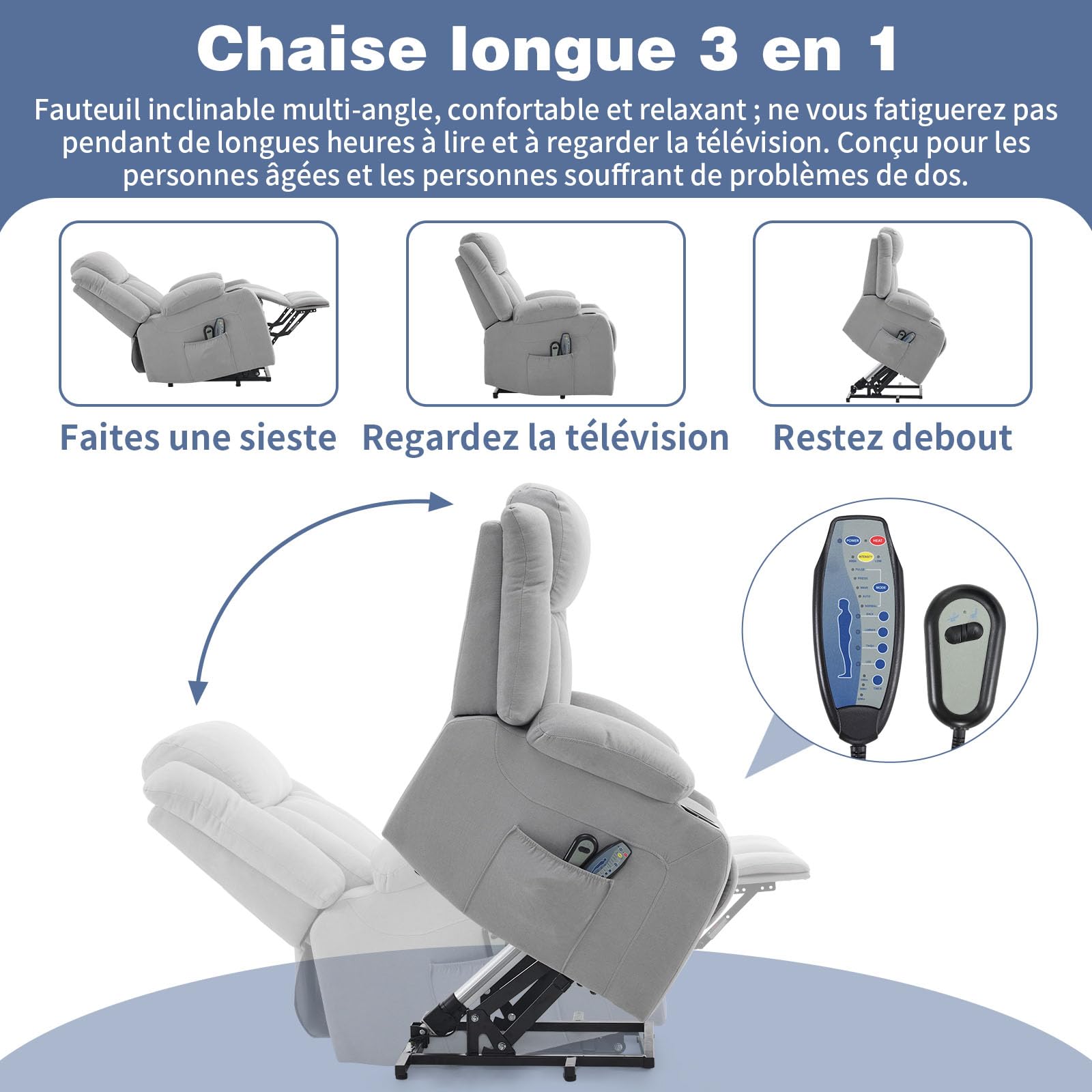 LEADZM - Silla elevadora eléctrica, silla de relax eléctrica, con función de masaje y calor, inclinación ajustable, sillón relajante con reposapiés, mandos a distancia