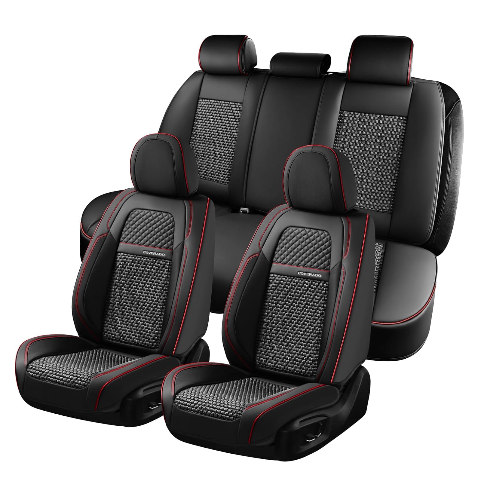 Coverado Car Seat Covers Full Set, Nappa Leather Black Seat Covers for Cars, Waterproof Car Seat Protector, Front and Back Seats Universal Fit for Most Vehicles