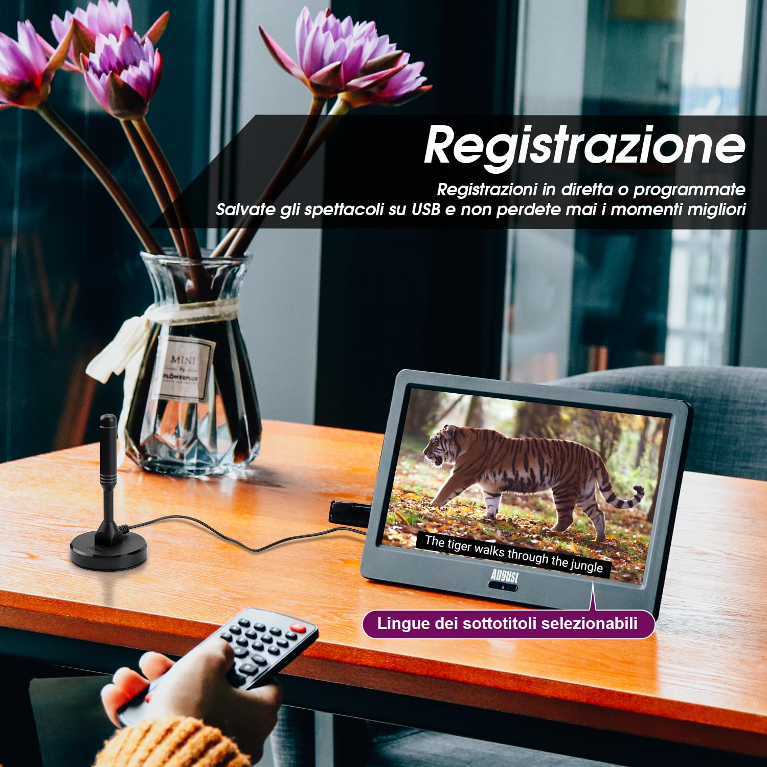 August DA900D TV portatile 9" ricaricabile Freeview HD con registratore | EPG 7 giorni e sottotitoli, lettore USB, HDMI/AVI in, audio in/out, 12V/rete, mini TV per camper e casa