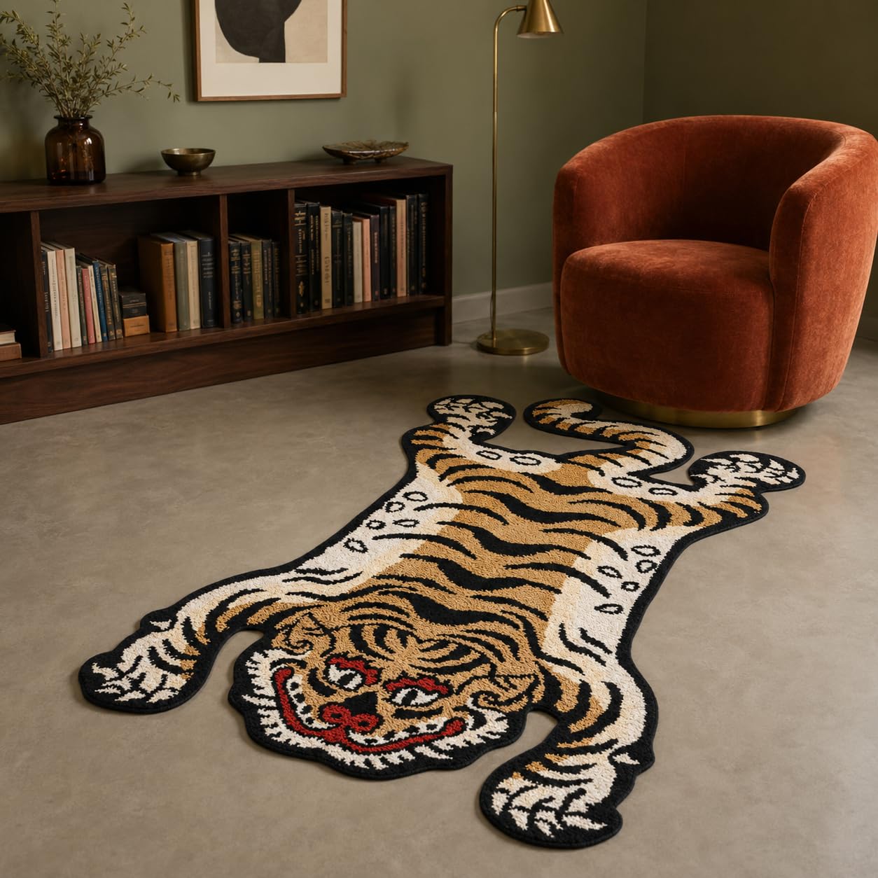 Tapis tufté doux et amusant pour chambre à coucher, motif tigre tibétain, 1,5 x 0,9 m, lavable avec envers antidérapant en caoutchouc thermoplastique, décoration d'intérieur (jaune)
