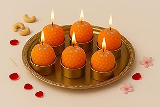 Motichoor Laddu Soy Wax Candles with Golden Cups– Mithai Sweet Pattern, Unscented, Hand Poured, Decorative Festive Candles for Home Décor, Diwali Decoration, Gifting (Pack of 6)