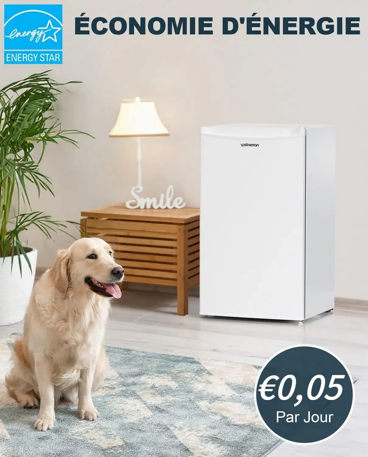 Upstreman Réfrigérateur 91L avec Congélateur, Bac à Légumes, Thermostat Réglable, Silencieux, Porte Réversible, Blanc - BR321
