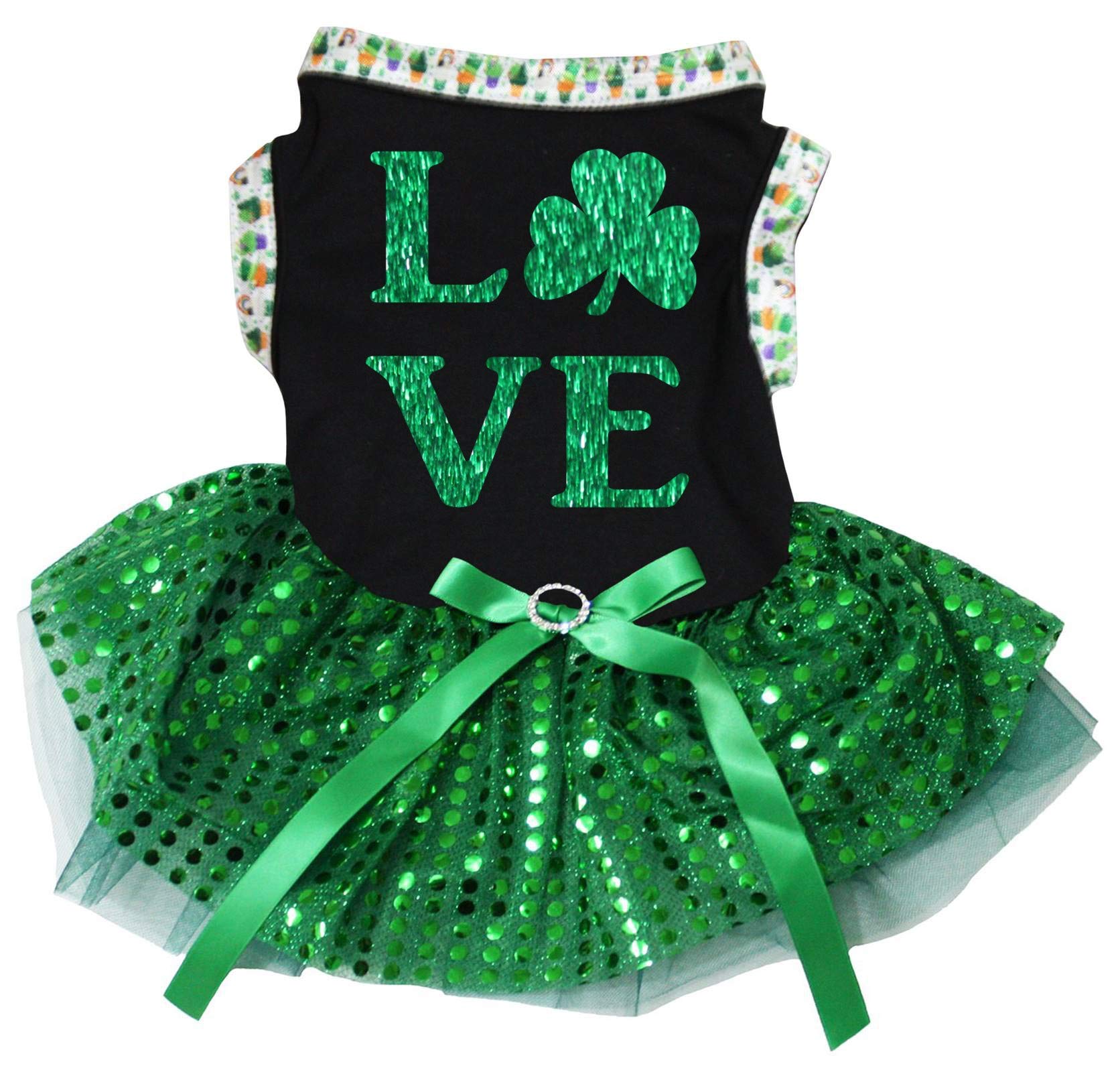 Robe pour chien noire et verte pailletée Love Clover taille S pour chien de petite taille