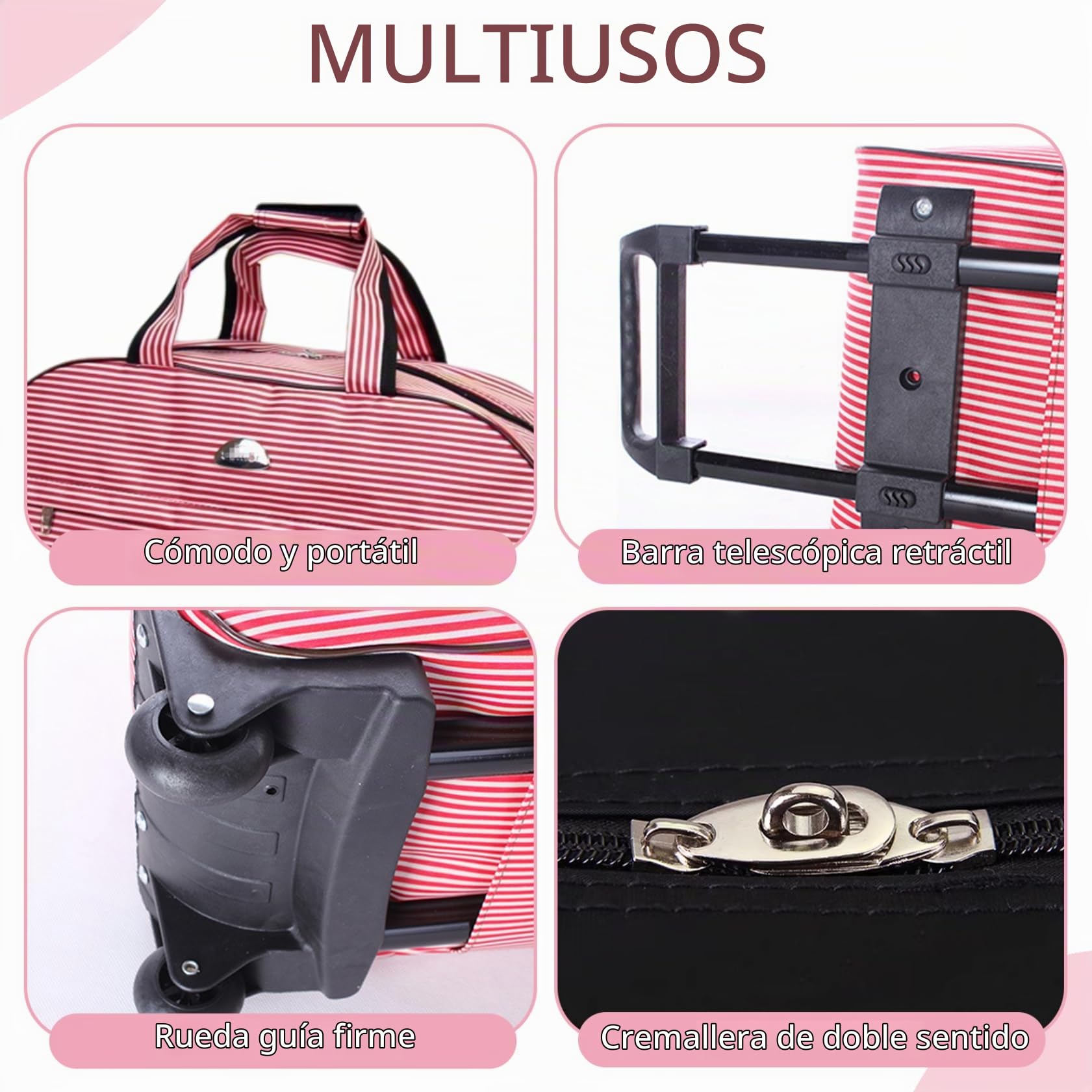 Bolso de Lona con Ruedas Bolsa de Lona con Ruedas a Prueba de Agua con Ruedas y Mango de Llevar en la Bolsa de la Moda de la Moda para Mujeres y Hombres, Raya roja y Blanca