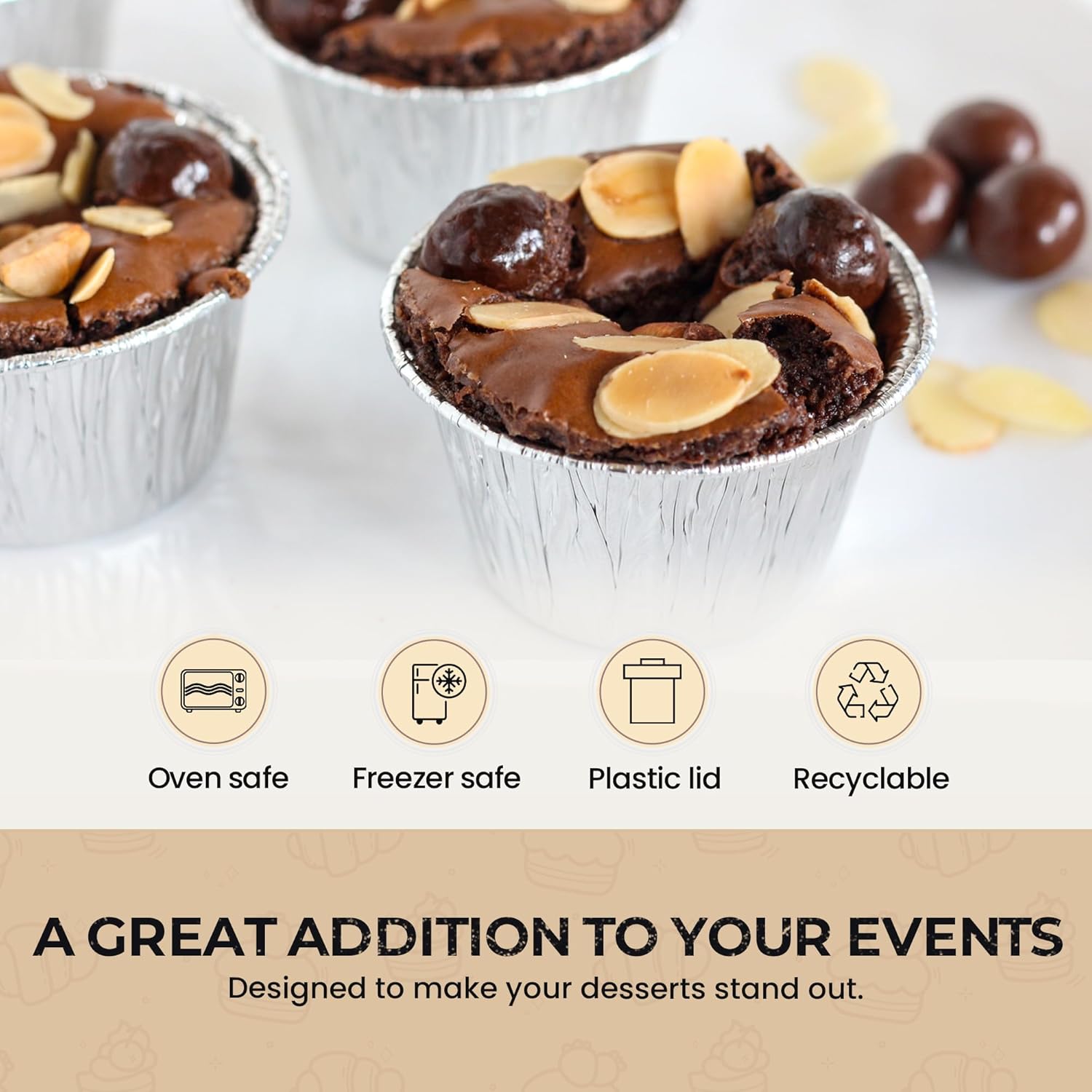 KitchenDance Disposable Aluminum Baking Cake Cup with Dome Lid - 7 Ounces Round Dessert Cups for Cakes, Muffin Cups - Aluminum Foil Baking Cup Perfect for Baking, Preparing Food, 1210P, 100 Count