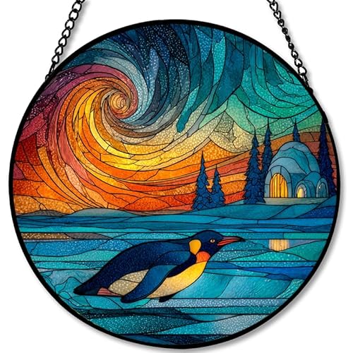 Stained Glass Penguin Window Hanging with Arctic Scene