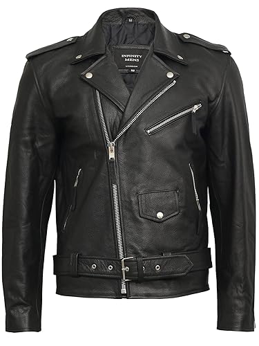 BRANDSLOCK Mens Genuine Leather Biker Jacket Cowhide Brando… - 5XL - Black