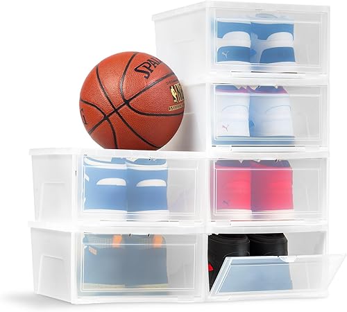 IRIS USA - Paquete de 6 cajas de almacenamiento de zapatos, organizadores apilables de plástico perlado para armario, contenedores frontales para