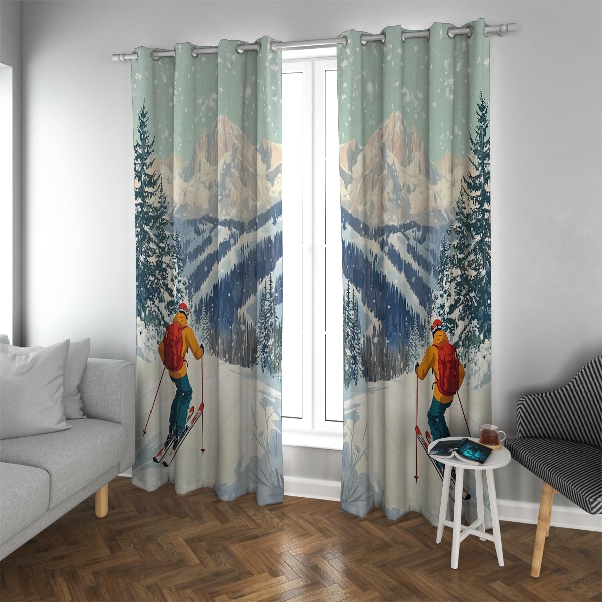 Rideaux occultants ski montagne 2 panneaux de B140xH214 cm pour chambre